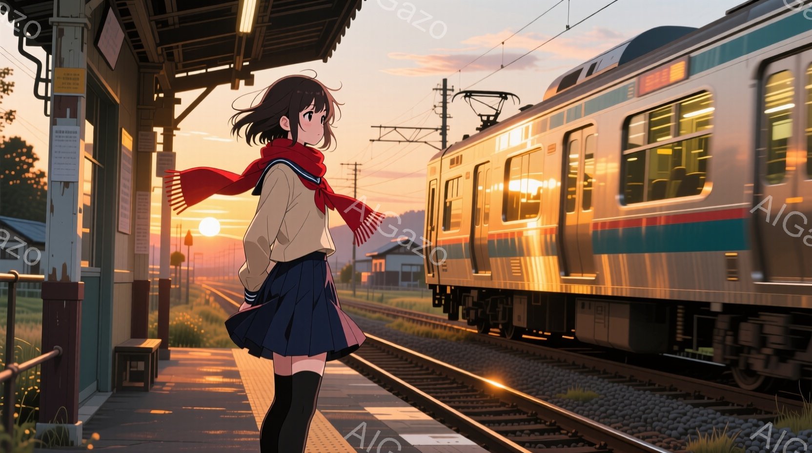 少女は制服姿で、鉄道のホームに立っている。彼女は黒髪で、短い髪型に赤いリボンをつけている。背景には夕焼け空が広がり、遠くには建物や山々が見え、暖かい雰囲気を作り出している。 - AI生成フリー素材