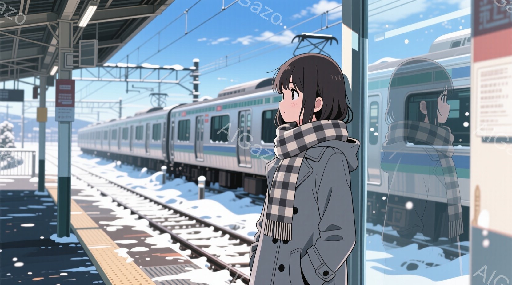 雪が降り積もる鉄道のホームに、短い髪の少女が立っている。少女はグレーのコートとチェック柄のマフラーを身につけ、少し物憂げな表情で遠くを見つめている。背景には雪景色が広がり、遠くに列車が停車しており、冬 - AI生成フリー素材