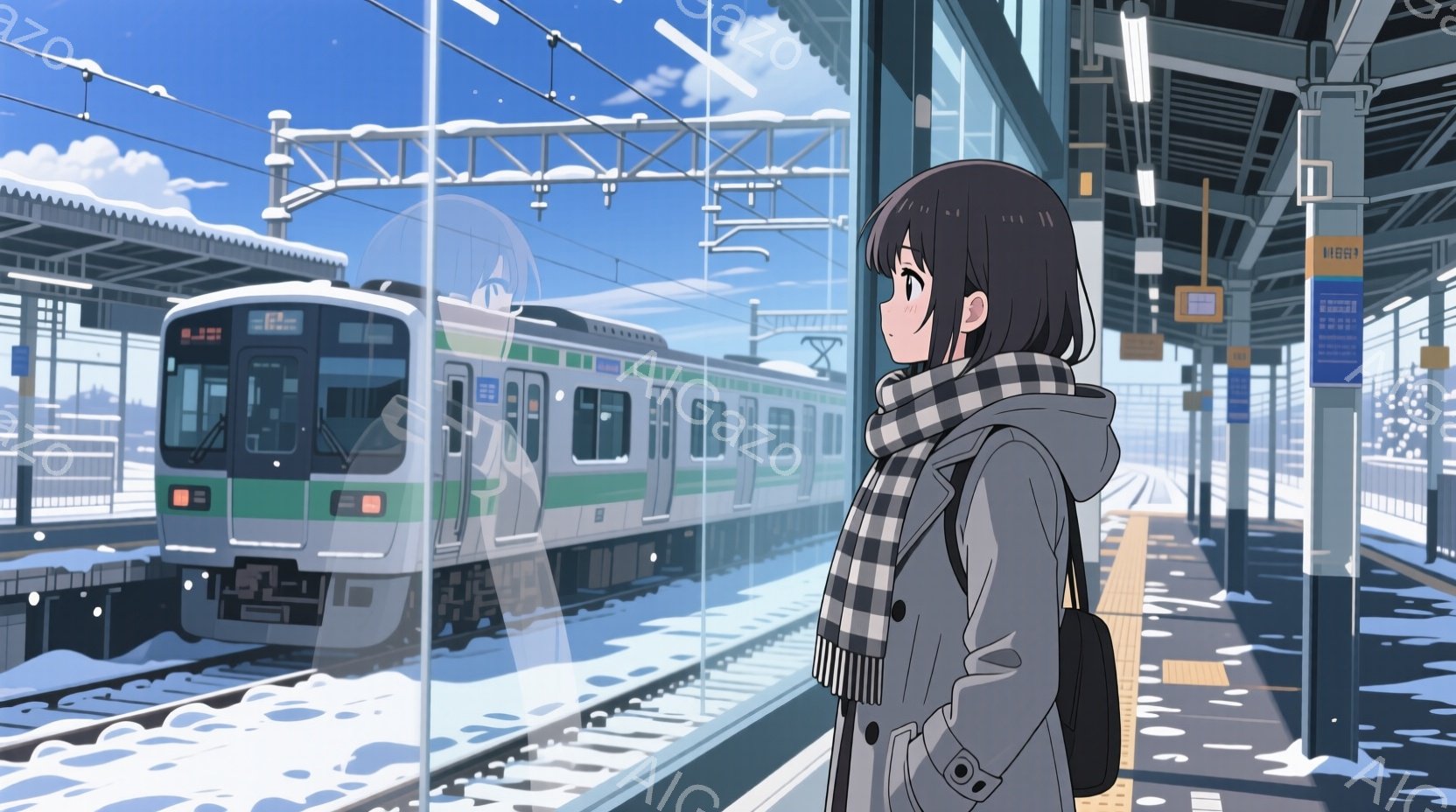 ショートカットの黒髪の少女が、プラットフォームで電車を眺めている。彼女は黒いコートにチェック柄のマフラーを巻き、肩にリュックサックを背負っており、少し物憂げな表情をしている。背景には雪景色が広がり、電車は雪に覆われた線路を走っているため、冬の冷たい空気感と静寂が感じられる。