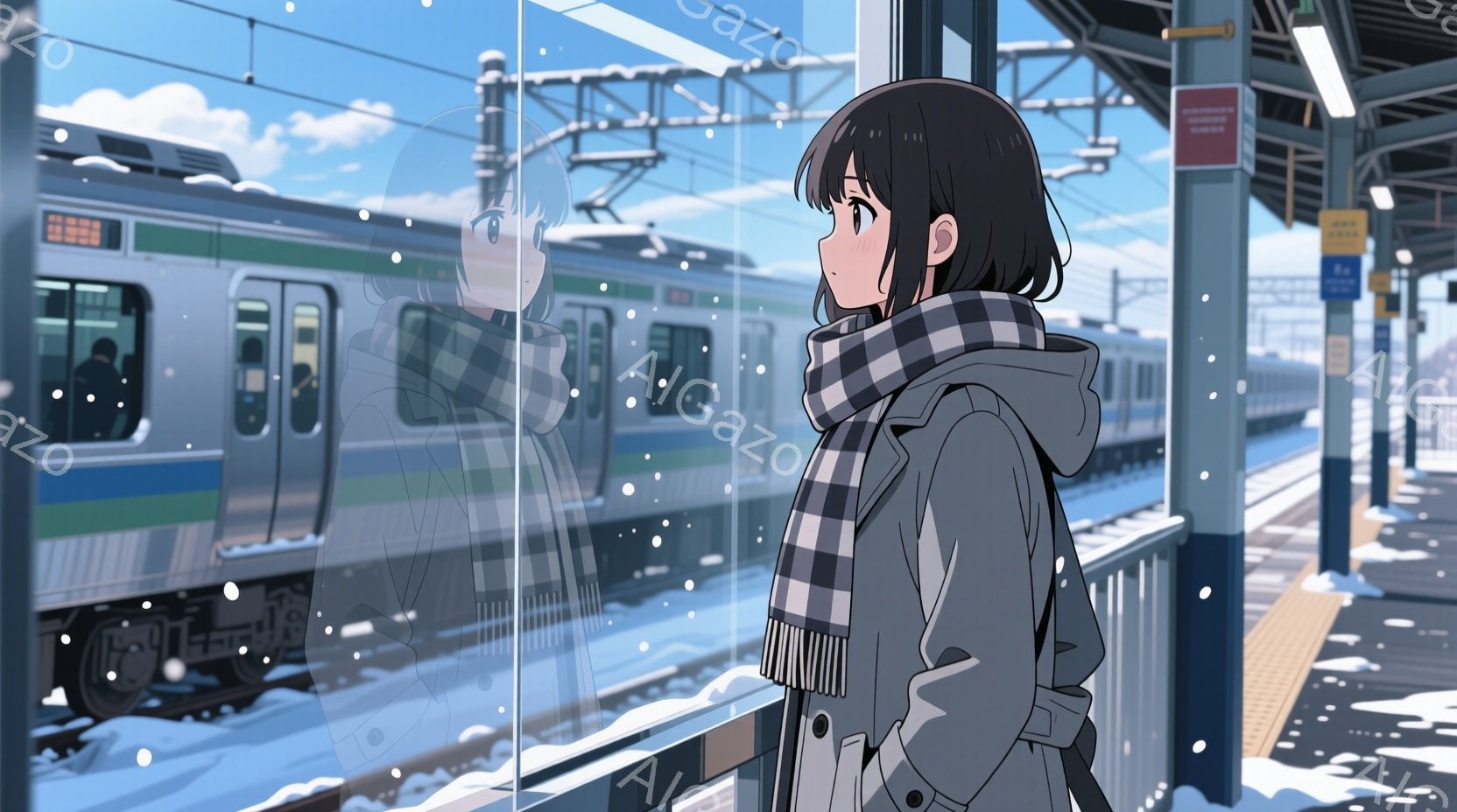 少女は駅のホームで外を眺めています。彼女は黒髪のショートヘアで、チェック柄のネッカチーフとグレーのパーカーコートを着ています。背景には雪が降り積もった線路と列車が走り、冬の寒々とした雰囲気が漂っていま - AI生成フリー素材