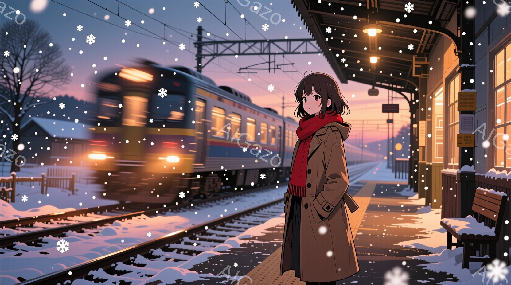 少女は駅のホームに立ち、深い赤色のマフラーを首に巻いた茶色のコートを着ています。彼女は黒髪で、少し内向きにカールしています。背景には雪が降り積もり、遠くに見える列車のヘッドライトがホームを照らし、冬の静かで物憂げな雰囲気を醸し出しています。