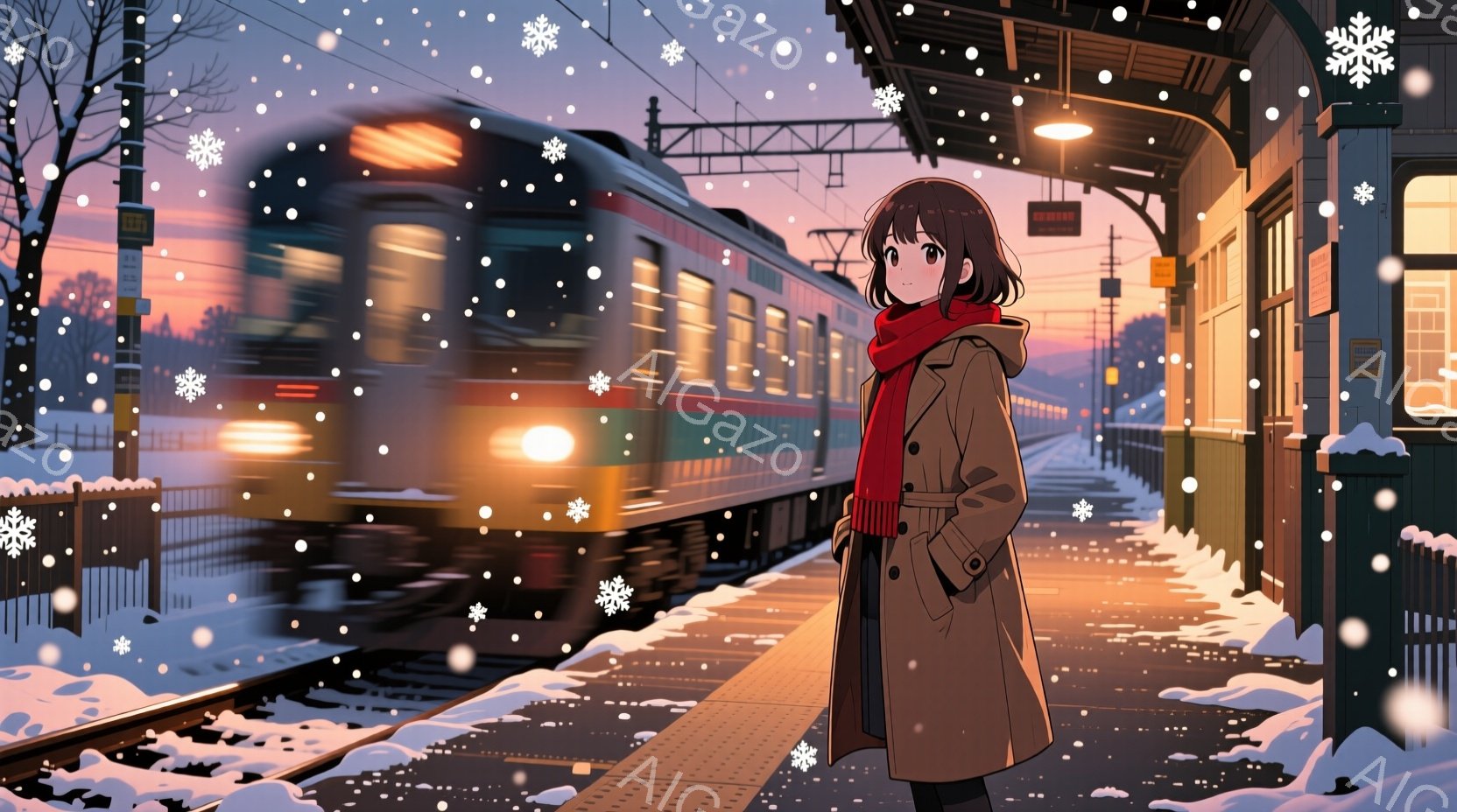 雪が舞うプラットフォームに、茶色のコートと赤いマフラーを身につけた若い女性が立っている。彼女は後ろを振り返らず、遠くの列車を見つめ、物憂げな表情を浮かべている。背景には雪に覆われた線路と、暖かく光る駅舎、そして夕焼け空が広がり、冬の静寂で少し寂しげな雰囲気を醸し出している。