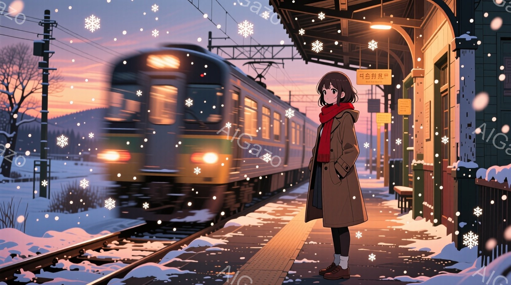 雪が降るプラットフォームに、茶色のコートを着た若い女性が立っている。彼女は黒髪のボブヘアで、赤いマフラーを巻き、少し物憂げな表情をしている。背景には雪に覆われた線路と、遠くに見える山のシルエット、そし - AI生成フリー素材