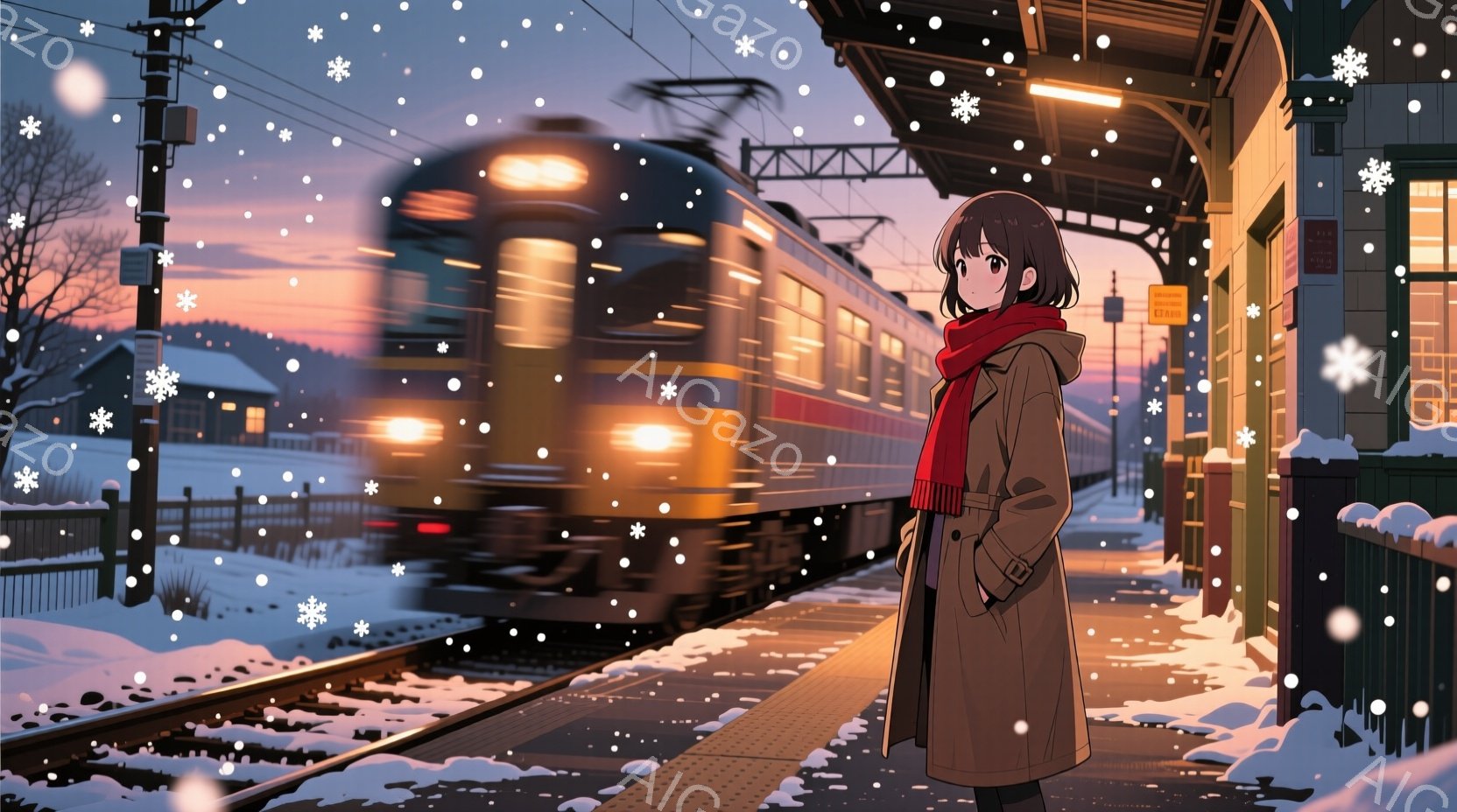 雪が降り積もるプラットフォームに、赤いマフラーを巻いた若い女性が立っている。彼女は黒髪で、後ろで軽くまとめられており、深い緑色のコートを着ている。背景には、ぼやけた列車のヘッドライトと、雪景色の中に佇む小さな建物が見え、全体的に静かで冬らしい雰囲気が漂っている。
