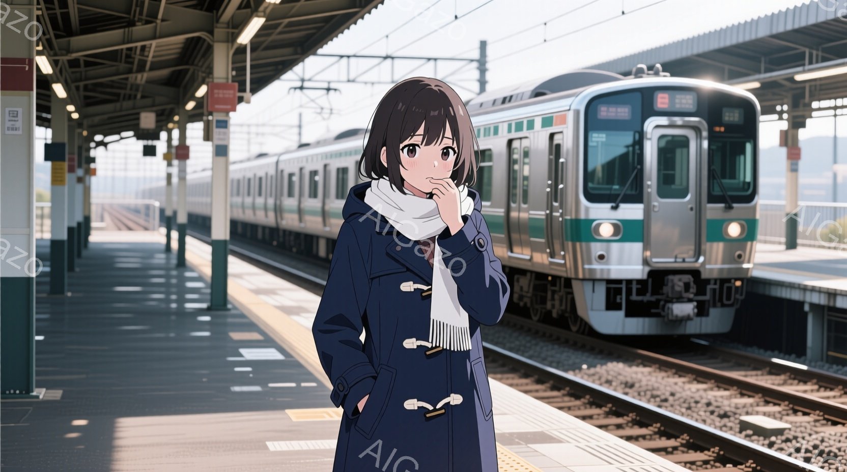 紺色のダッフルコートと白いマフラーを身につけた若い女性が、鉄道の駅のプラットフォームに立っている。彼女は少し物憂げな表情で、指を口元に当てている。背後には、線路と列車が写っており、晴れた空の下、穏やかな雰囲気が漂っている。