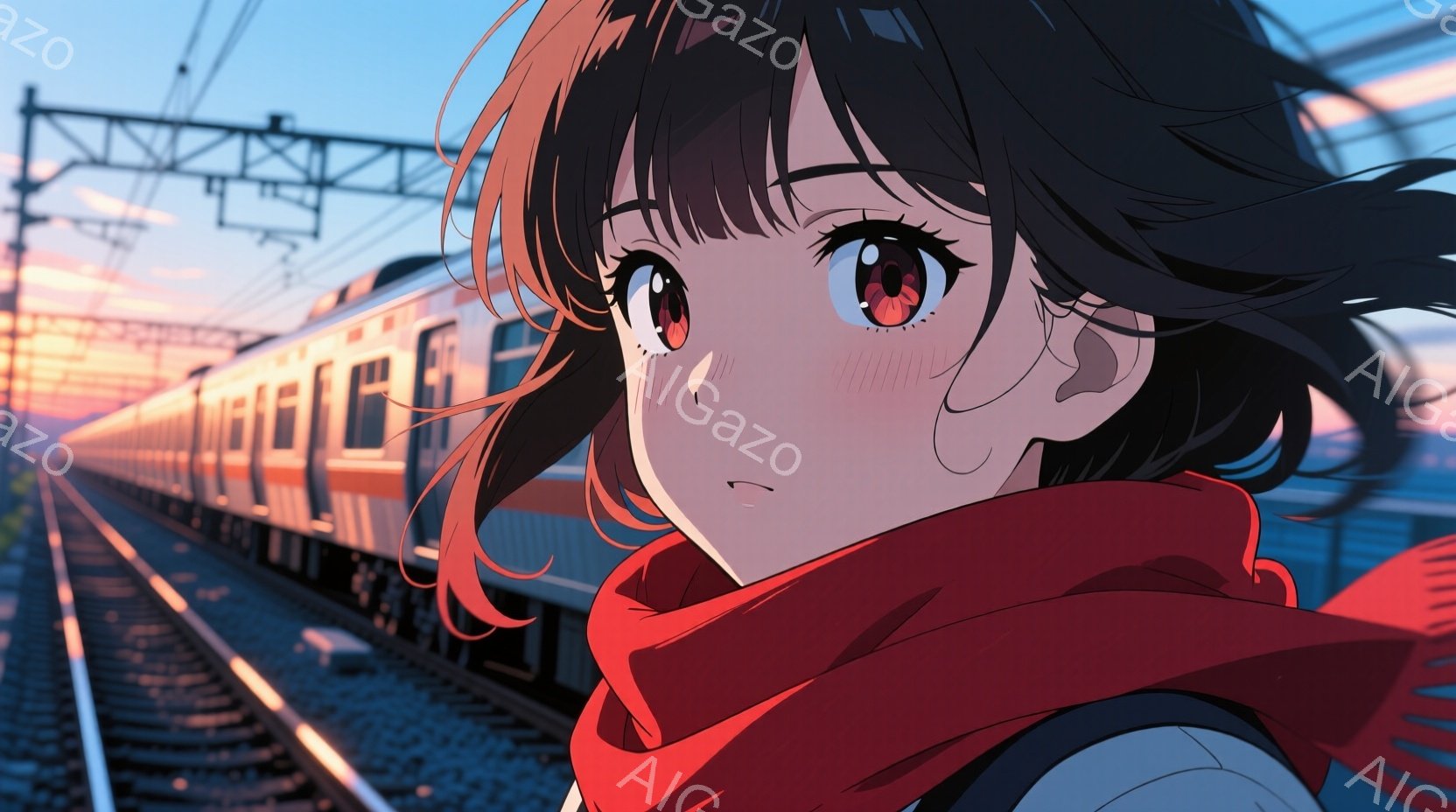 少女は短い茶色の髪で、前髪が少し横に流れています。彼女は赤いスカーフを巻き、どこかを見つめるような表情をしており、頬はほんのり赤らんでいます。背景には鉄道線路と、夕焼けの空が広がり、ノスタルジックで少 - AI生成フリー素材