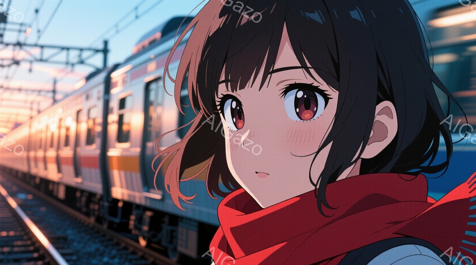 赤いスカーフを巻いた若い女性のポートレートで、茶色のカールしたショートヘアが特徴的です。彼女は少し頬を赤らめ、希望に満ちた優しい表情を浮かべています。背景には、ぼやけた鉄道と線路、そして夕焼けのような - AI生成フリー素材