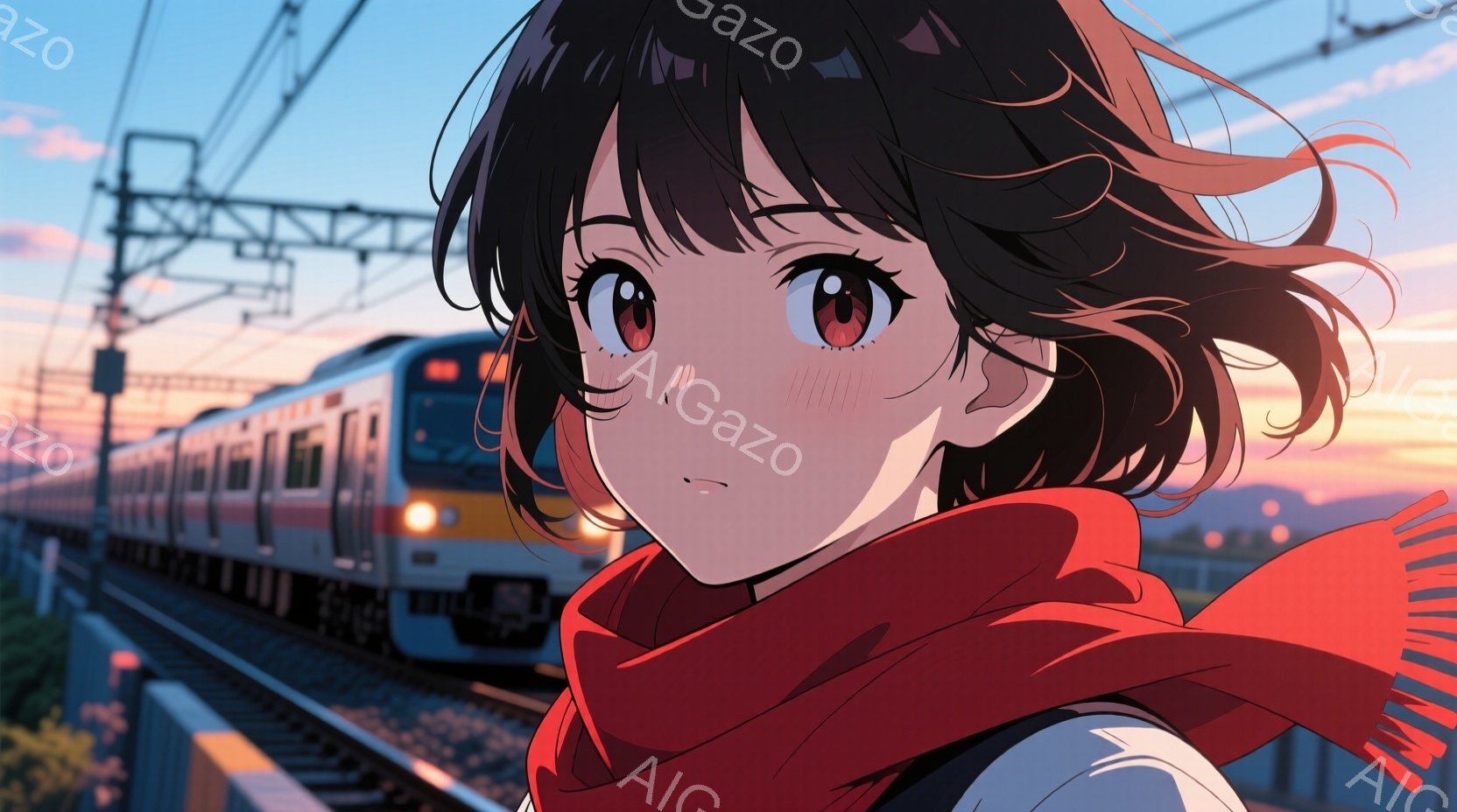 赤色のスカーフを首に巻き、黒髪の短い巻き毛の少女を描いています。彼女はわずかに微笑んでおり、少し照れているような表情をしています。背景には、夕焼け空の下を走る黄色い電車と、緑の草地、そして遠くに見える - AI生成フリー素材