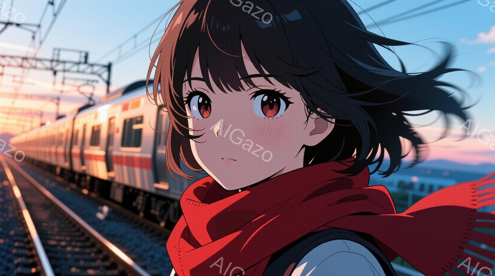 赤いスカーフを巻いた若い女性が描かれています。彼女は黒髪で、少し微笑んでおり、どこか物憂げな表情をしています。背景には鉄道と、夕焼けに染まる風景が広がり、穏やかで少し寂しげな雰囲気を醸し出しています。 - AI生成フリー素材