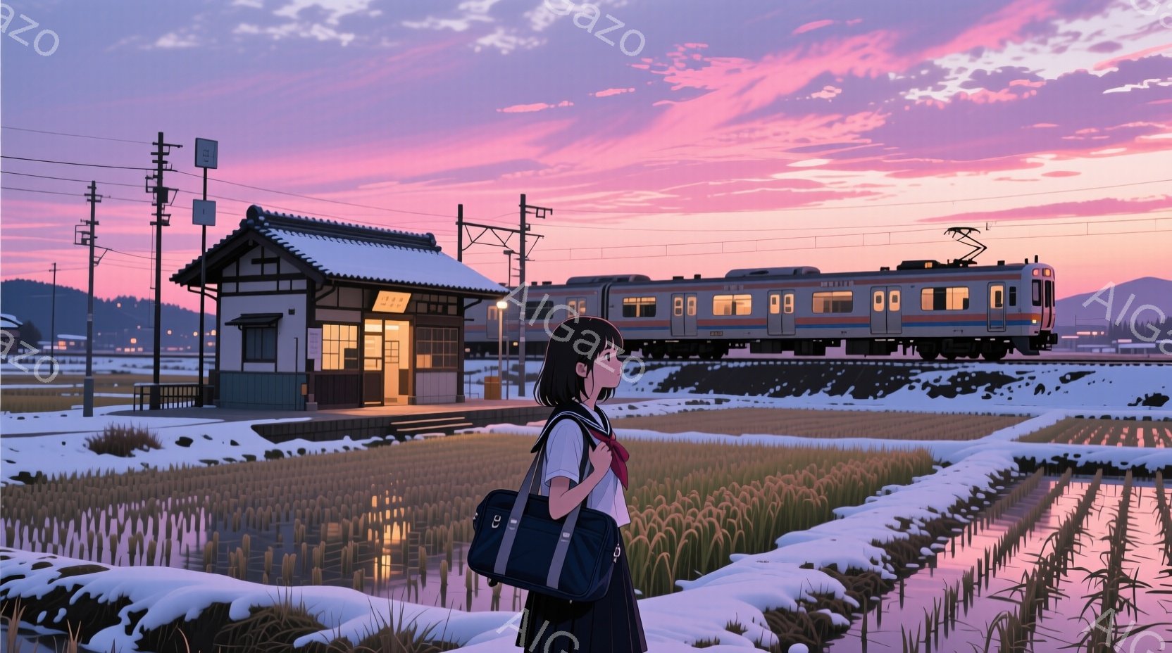茶色の髪を肩まで伸ばした少女が、紺色のセーラー服を着て、肩に黒いバッグをかけて立っている。背景には、雪景色の中に佇む小さな駅舎と、夕焼け空の下を走る列車が見える。全体的に、ノスタルジックで静寂な雰囲気 - AI生成フリー素材