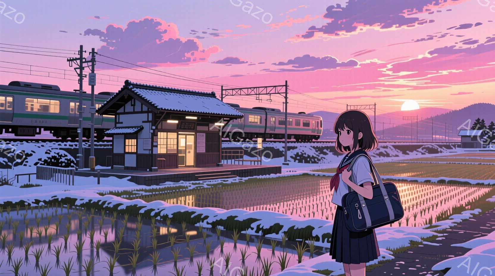 雪に覆われた田園風景の中に、一人の少女が立っている。彼女は紺色のブレザーと白いシャツを着ており、茶色のショートヘアは肩のあたりで切り揃えられている。少女は片方の肩に紺色のリュックサックをかけ、遠くに見える線路と駅舎をぼんやりと見つめている。