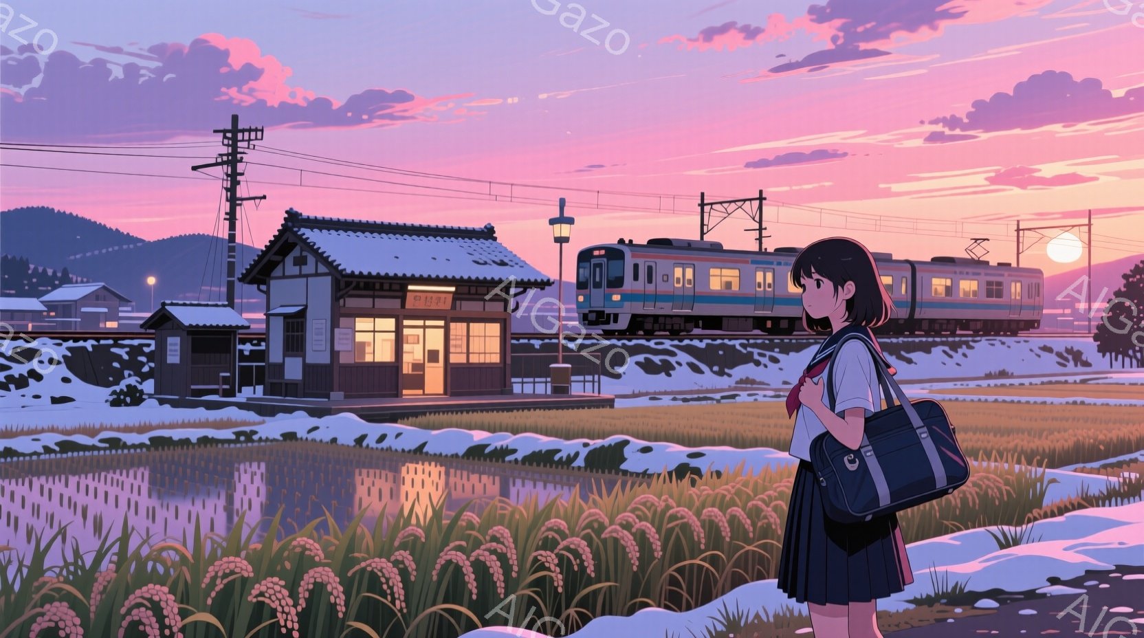 制服を着た少女が、田んぼの中に佇んでいます。彼女は黒髪で、肩までの長さの髪をしています。背景には、日本の田舎の駅舎と、夕焼け空の下を走る電車が見え、静かでノスタルジックな雰囲気が漂っています。 - AI生成フリー素材