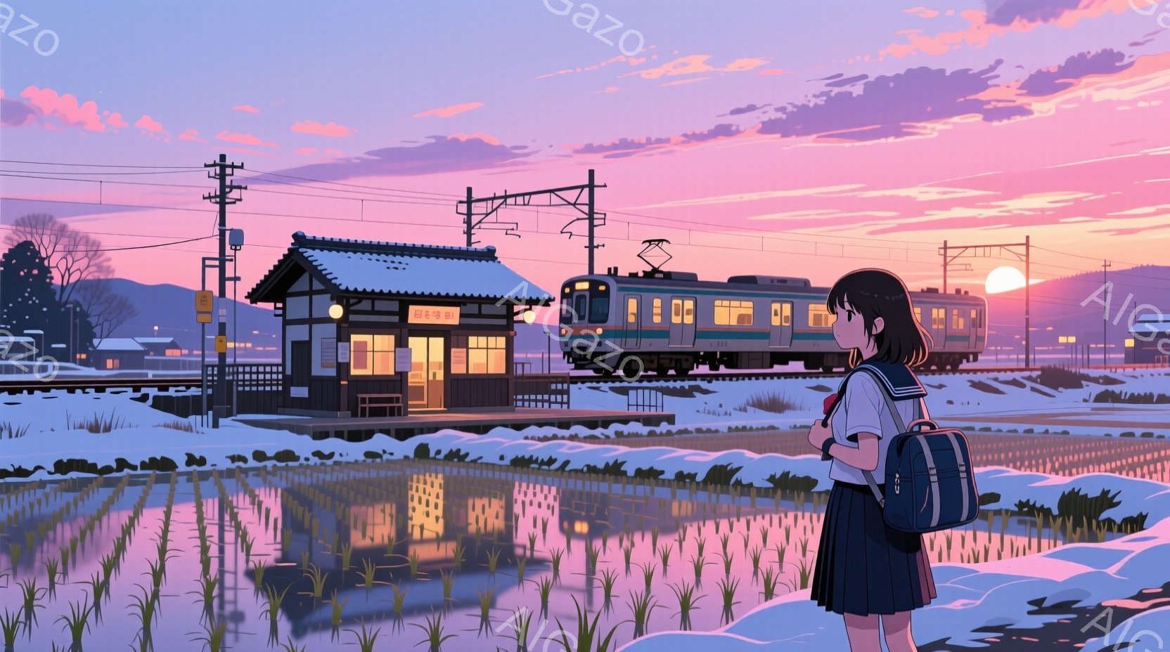 短い茶髪の少女が、日本の田舎の線路脇の田んぼの中に立っている様子が描かれています。彼女はセーラー服を着てリュックサックを背負い、遠くの線路を走る青い電車を眺めています。背景には、夕焼け空の下、日本の伝 - AI生成フリー素材