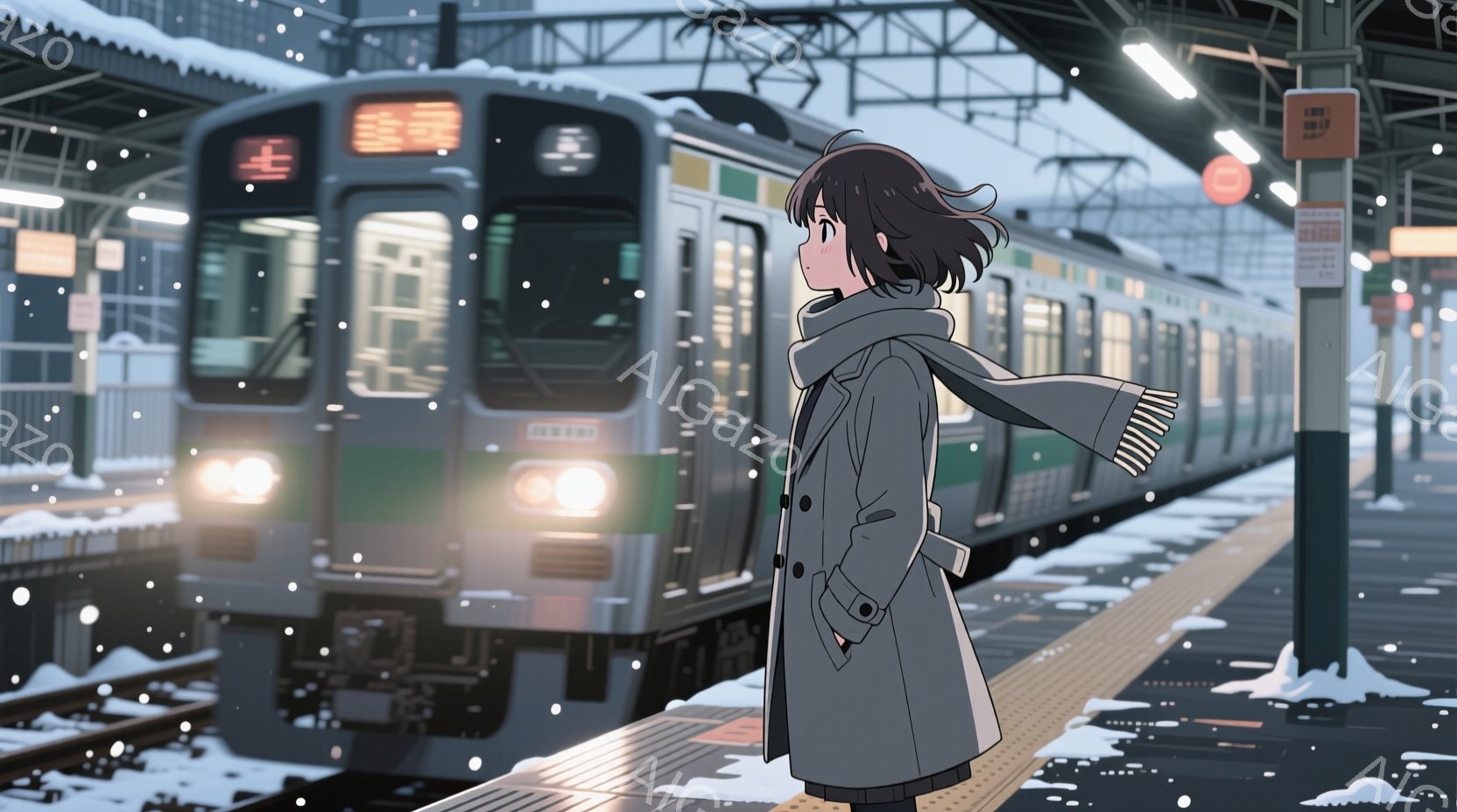 雪が降るプラットフォームに、短い茶色の髪をした若い女性が立っている。彼女はグレーのコートとマフラーを身につけ、遠くを見つめている。背景には、雪に覆われた線路と、ヘッドライトを点灯させた列車がぼやけて写っており、冬の静かで少し寂しげな雰囲気が漂う。