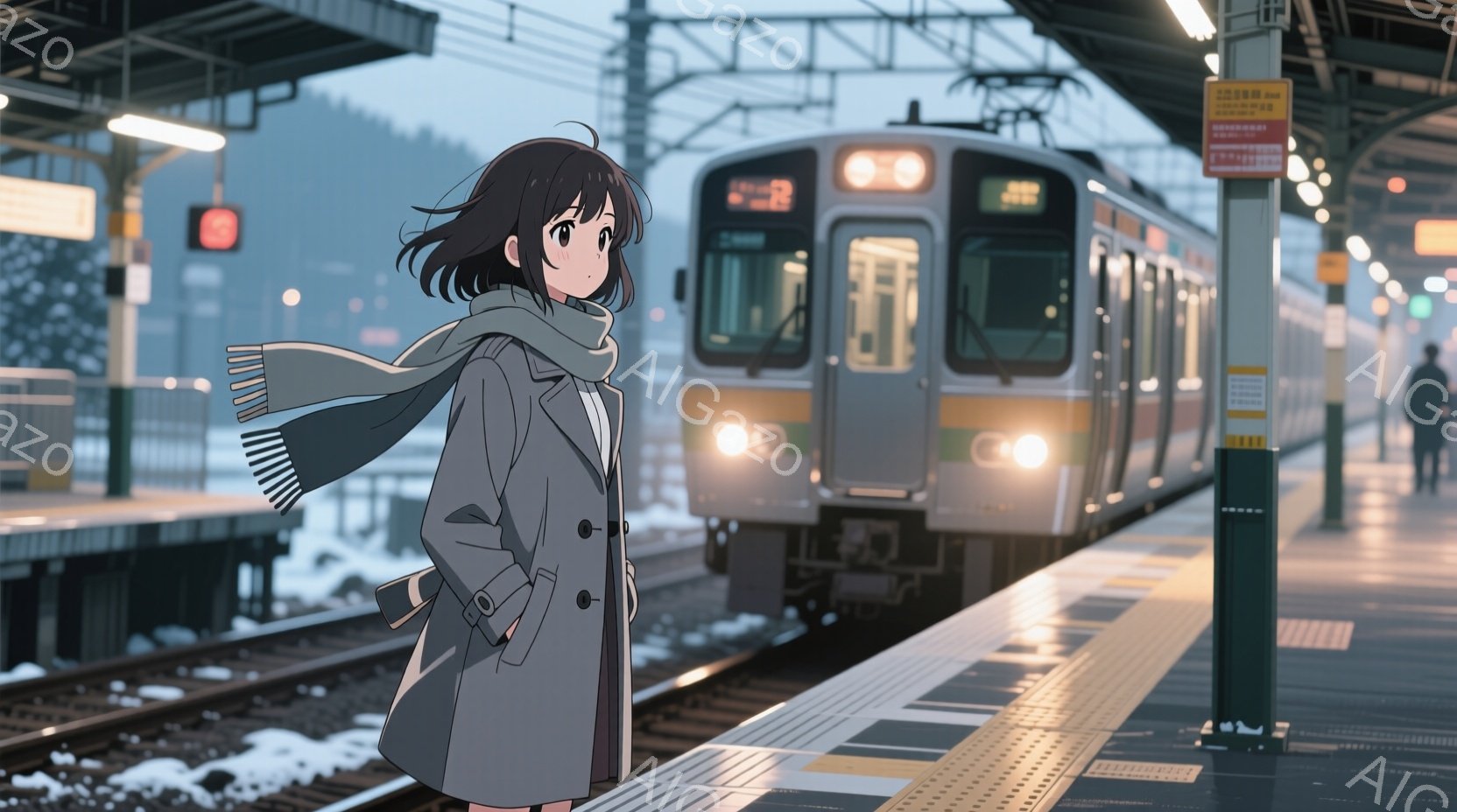 少女は灰色のコートと白いマフラーを身につけ、プラットフォームに立っている。彼女は少し内を向き、物憂げな表情をしている。背景には雪景色と、ヘッドライトを点けた電車がホームに進入する様子が見え、全体的に静 - AI生成フリー素材