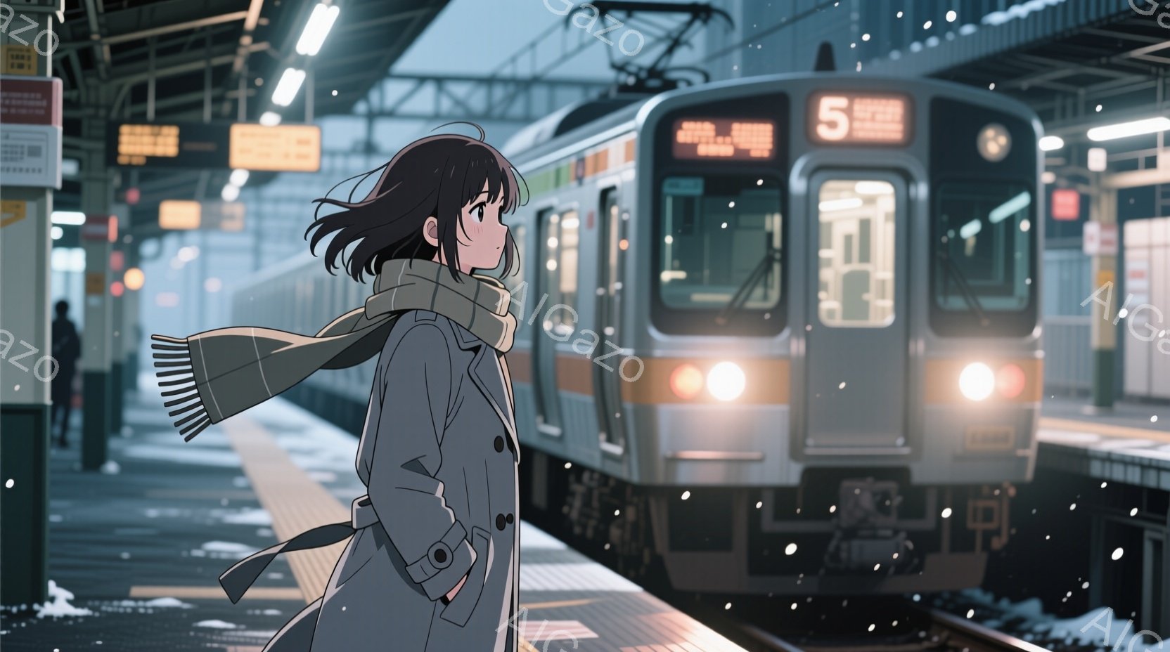 少女は、グレーのコートと黒髪を肩まで伸ばしたヘアスタイルで、駅のプラットフォームに立っている。彼女は少し俯き加減で、何かを考えているような表情をしている。背景には雪が舞い、遠くに見える電車がライトを灯し、冬の静かで少し寂しげな雰囲気を醸し出している。