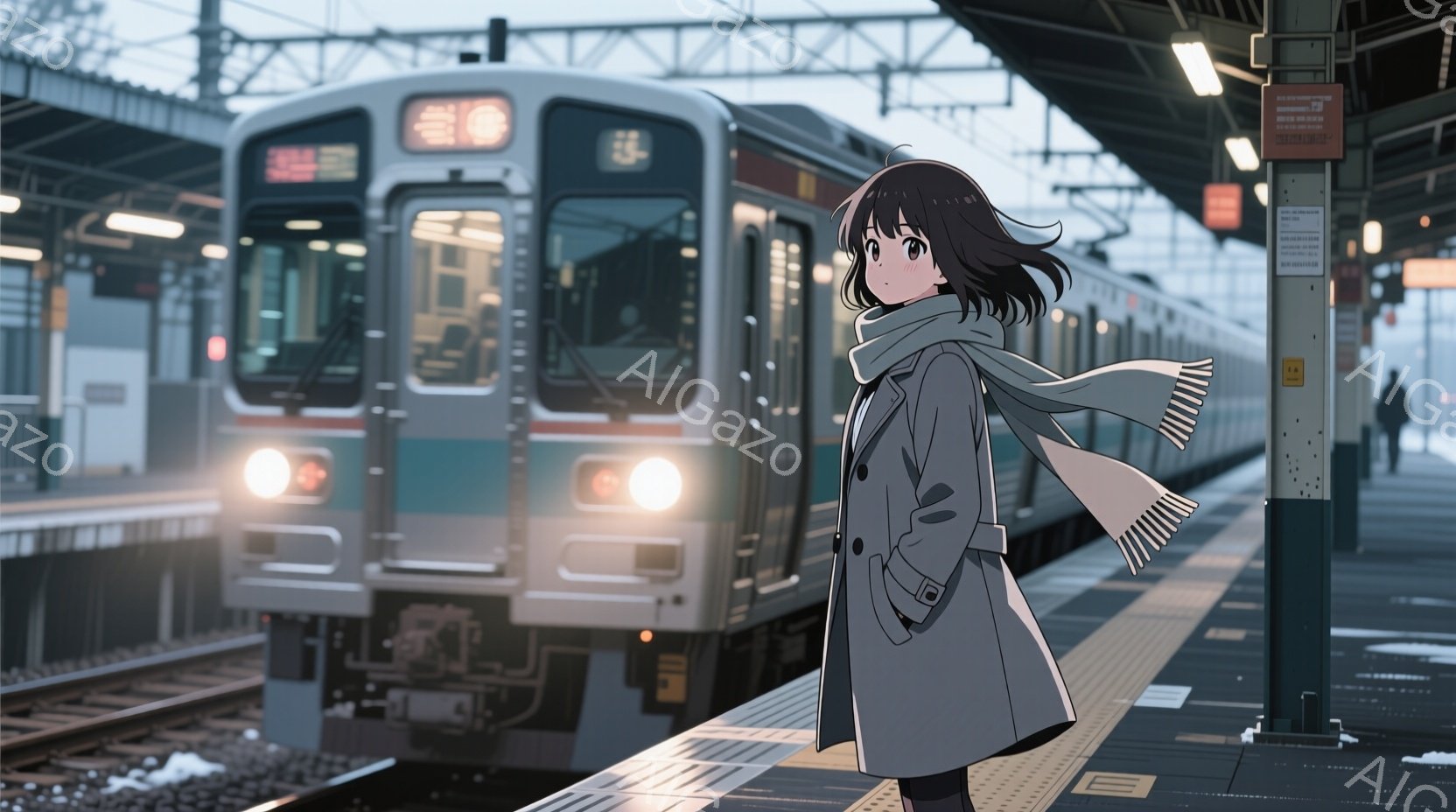 少女は駅のホームに立ち、冬の寒さをしのぐように厚手のコートとマフラーを身に着けています。彼女は黒髪で、少し風になびいており、表情はやや憂いを帯びています。背景には、ライトが照らされた鉄道とプラットフォーム、そして雪が降る冬の風景が広がっています。