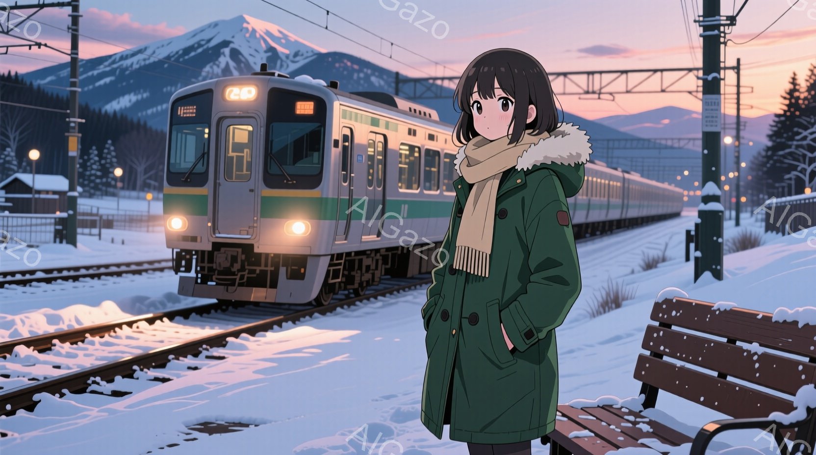 雪景色の中の鉄道駅に立つ若い女性が描かれています。彼女は緑色のパーカー付きジャケットと白いマフラーを身に着け、黒髪を肩の長さで切り揃えています。背景には雪に覆われた山々と、ヘッドライトを点灯した列車が - AI生成フリー素材