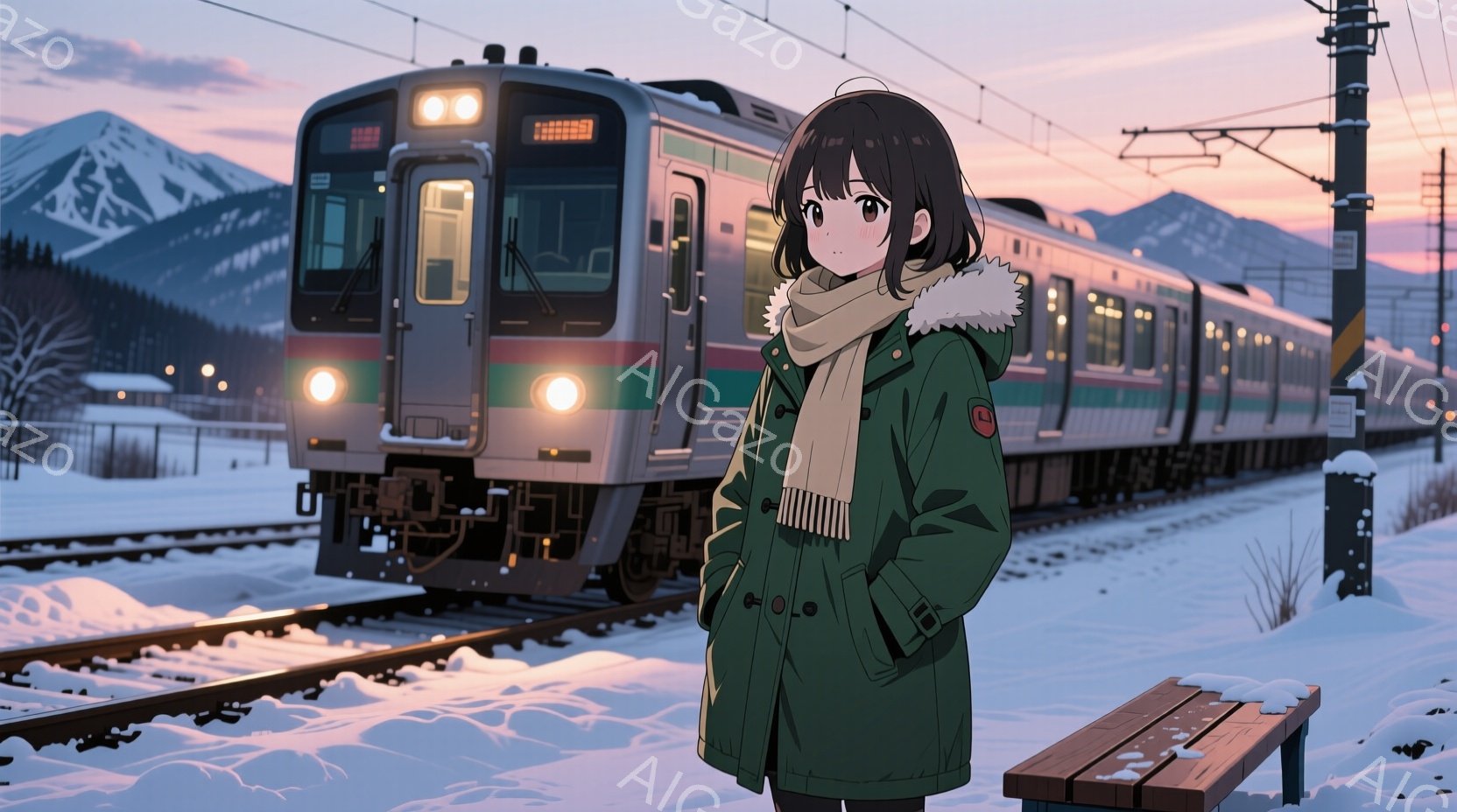 雪景色の中で、緑色のコートを着た少女が線路沿いに立っている。彼女は短い茶色の髪で、少し寂しげな表情をしている。背景には雪に覆われた山々が広がり、夕焼け空がオレンジ色に染まっている。
