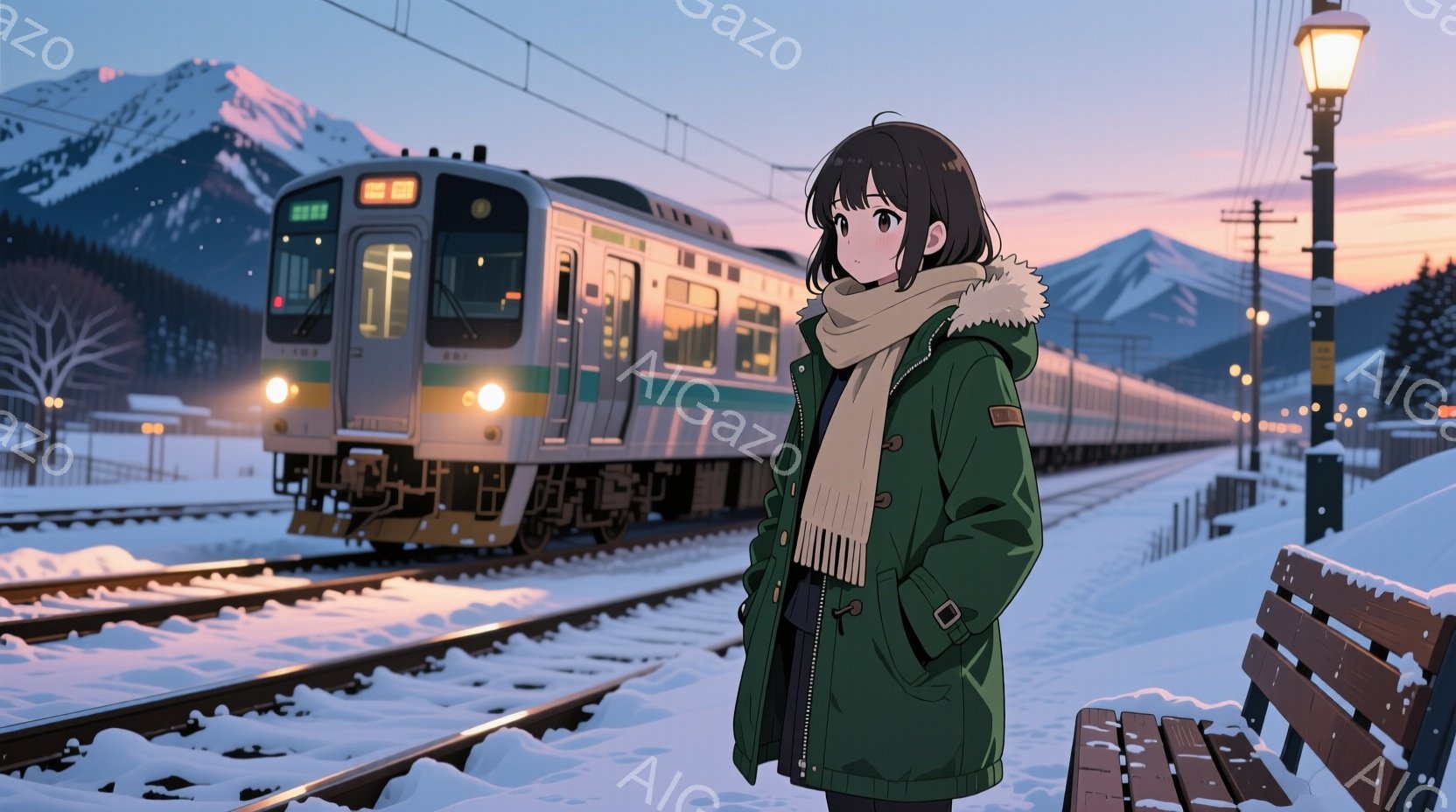 雪景色の中に佇む少女が描かれています。彼女は緑色のパーカーと白いマフラーを身につけ、黒髪のショートヘアで、どこか寂しげな表情をしています。背景には雪に覆われた線路と、夕焼けに照らされた山々が広がり、冬 - AI生成フリー素材