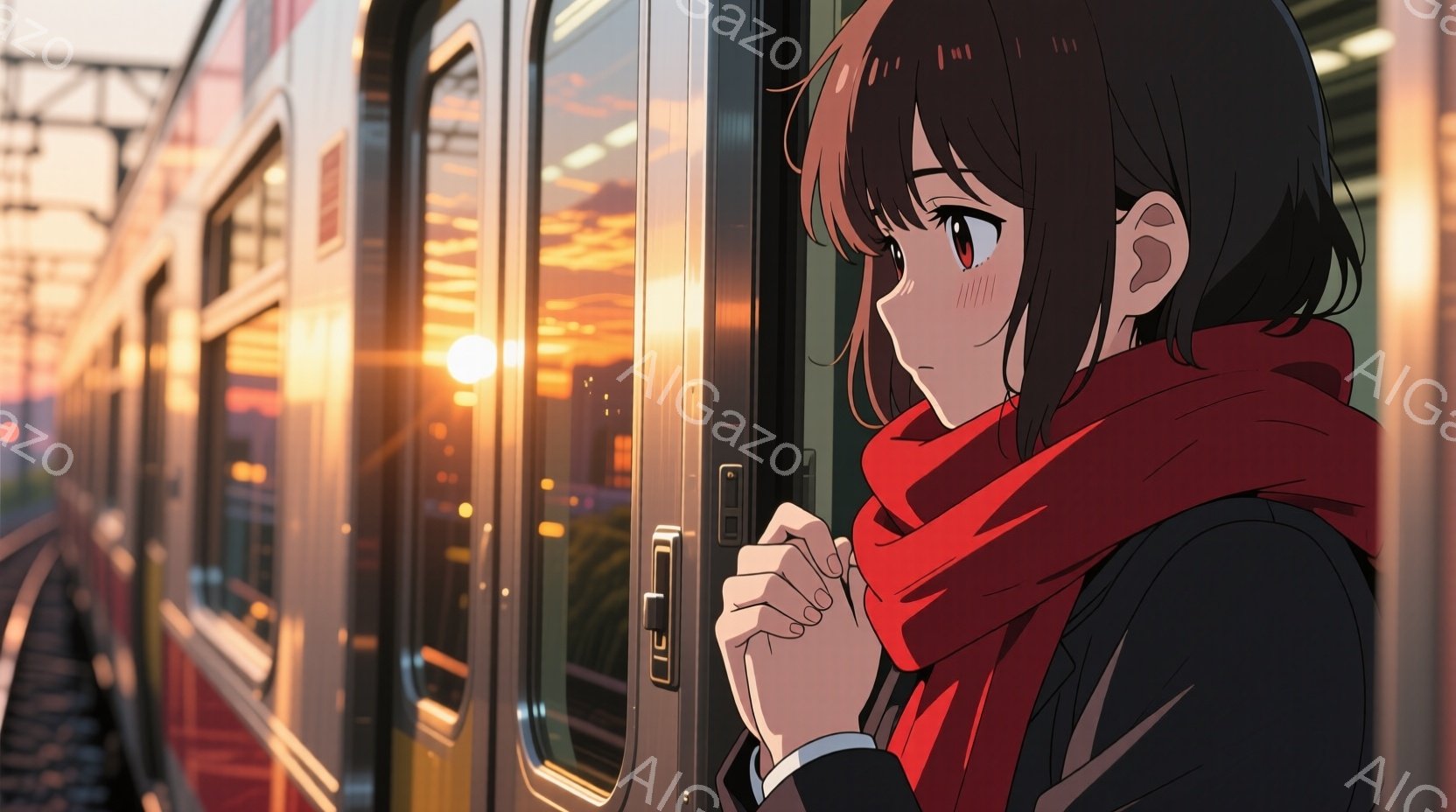 茶色の短い髪で赤いマフラーを巻いた若い女性が描かれています。彼女は列車の窓際に立っており、両手を重ねて何かを考えているような表情をしています。背景には、夕焼け空と列車の車体が見え、どこか物憂げでノスタルジックな雰囲気が漂っています。