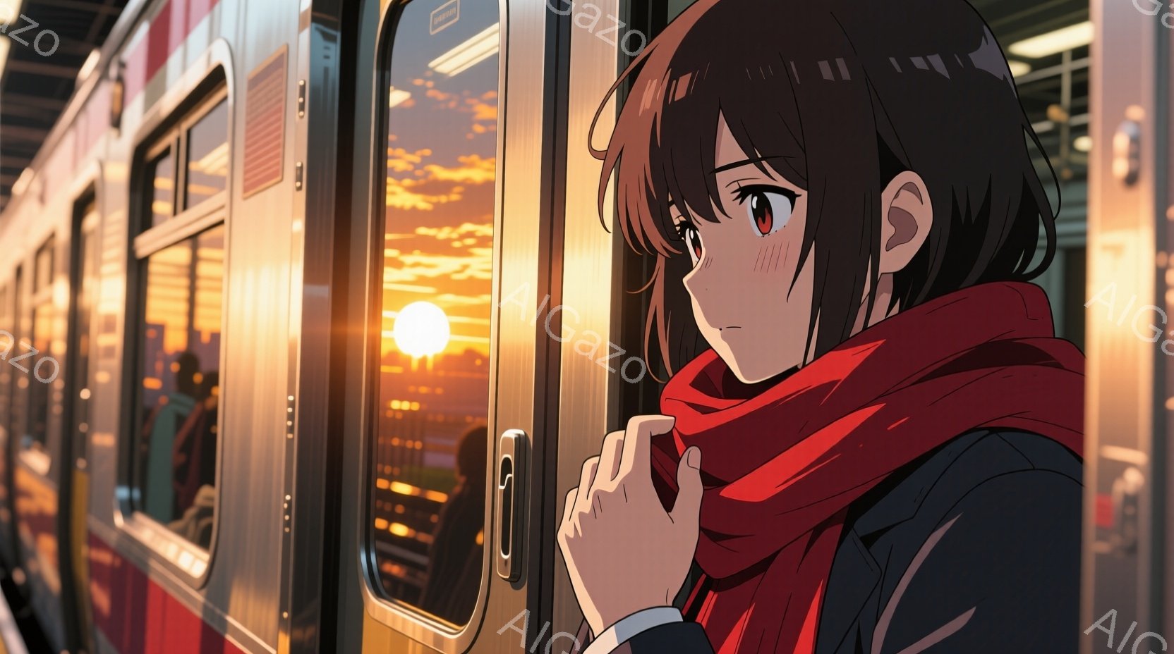 少女は電車の中で、窓の外を見つめている。彼女は短い茶色の髪をしており、赤いスカーフを首に巻いている。背景には夕焼け空と、ぼやけた街並みが広がっており、どこか物憂げな雰囲気を醸し出している。