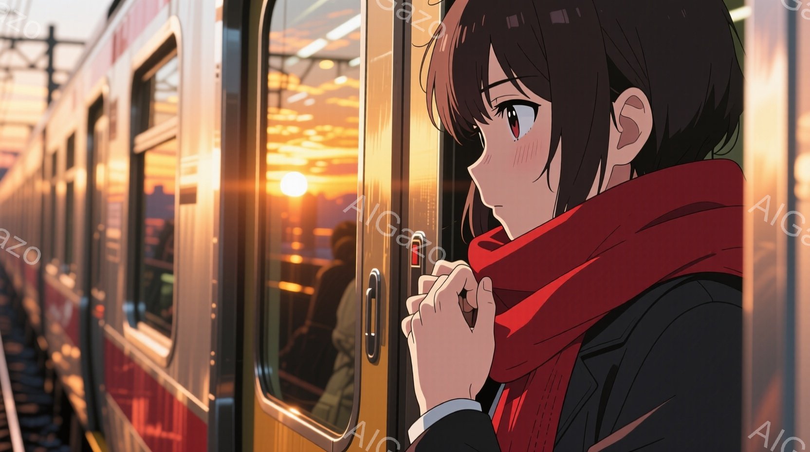 少女は列車の中に立っており、窓の外を見つめている。彼女は黒いジャケットと白いシャツを着ており、鮮やかな赤いスカーフを巻いている。夕暮れ時の空と線路がぼやけて見え、彼女の表情はどこか物憂げで、旅の始まりや終わりを感じさせる雰囲気が漂っている。