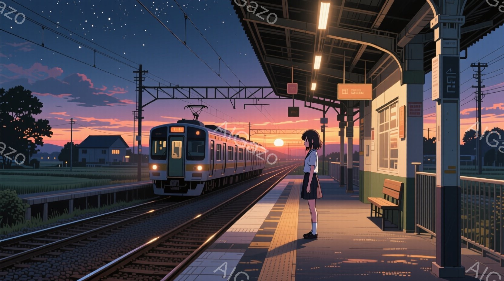 夕暮れ時の田舎の駅に、黒髪の少女が立っている。彼女は白いブラウスと紺色のスカート、そしてローファーを履いており、少し物憂げな表情をしている。背景には、夕日に照らされた田園風景と、遠くに見える家々が広がっており、ノスタルジックで静かな雰囲気を醸し出している。