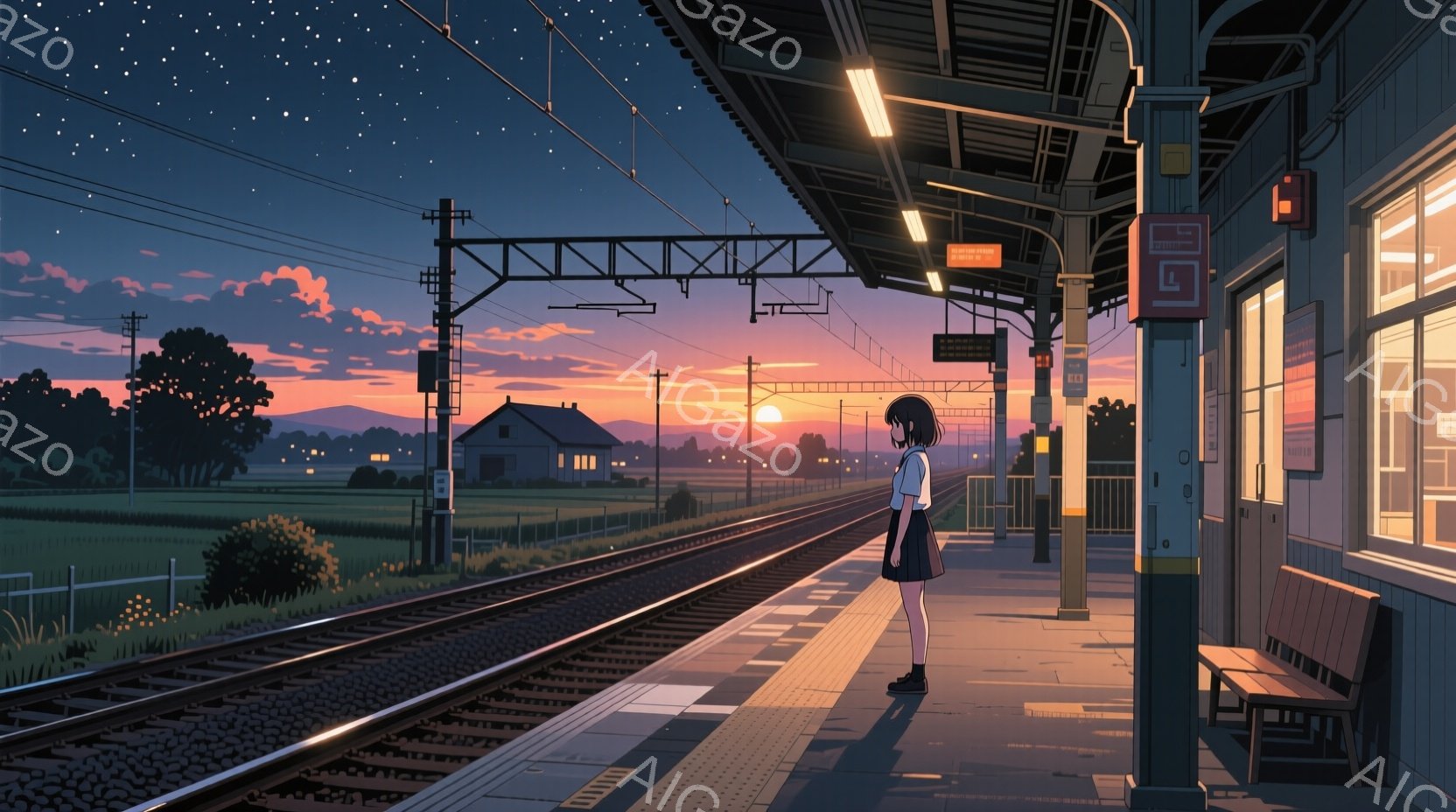 プラットフォームに立つ少女は、紺色のセーラー服に白いリボン、黒い髪で、少しうつむき加減で何かを待っているようです。背景には緑豊かな田園風景が広がり、遠くには家々と山々が見え、空は夕焼けと星空で彩られて - AI生成フリー素材