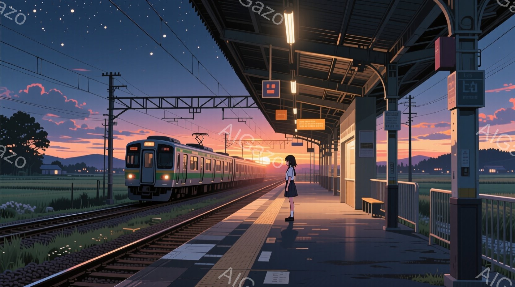 見事な夕焼けを背景に、鉄道のホームに立つ女子高生が描かれています。彼女はセーラー服を着ており、長い黒髪が背中に流れています。彼女は線路に沿って走る列車を見つめ、物思いにふけるような静かな姿勢をとってい - AI生成フリー素材