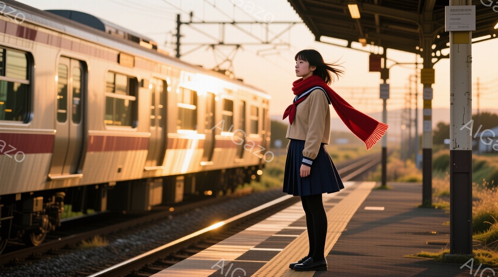 制服を着た若い女性が、駅のホームに立っている。彼女は紺色のスカートと白いシャツ、赤いスカーフを身に着けており、少し風に吹かれた髪が特徴的だ。背景には鉄道と線路が走り、夕焼け空が広がり、ノスタルジックで少し寂しげな雰囲気を醸し出している。