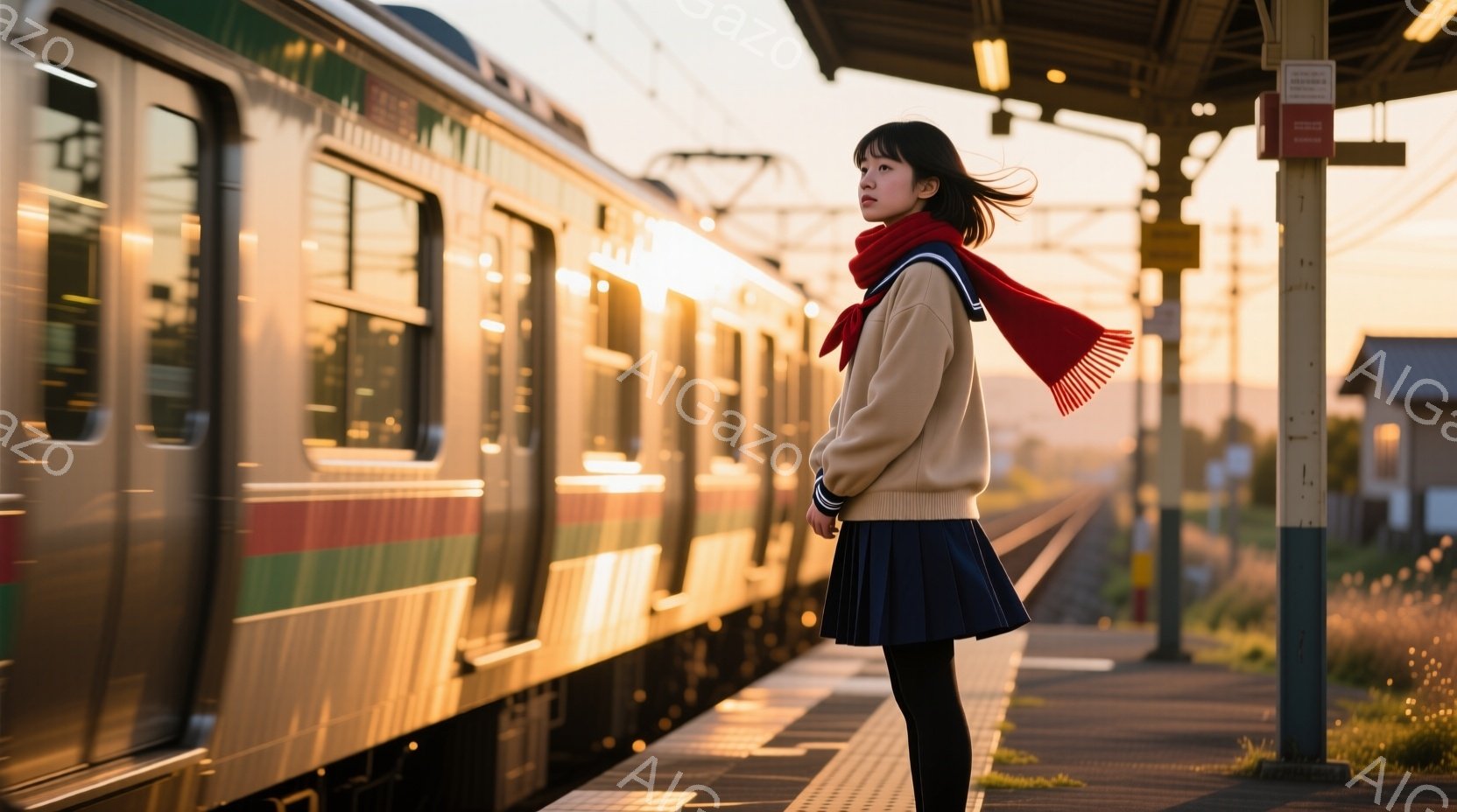 プラットフォームに立つ若い女性は、クリーム色のセーターとプリーツスカート、そして赤いスカーフを身に着けている。彼女は少し横を向き、遠くを見つめているようで、表情は穏やかで物憂げだ。背景には動きのある列 - AI生成フリー素材