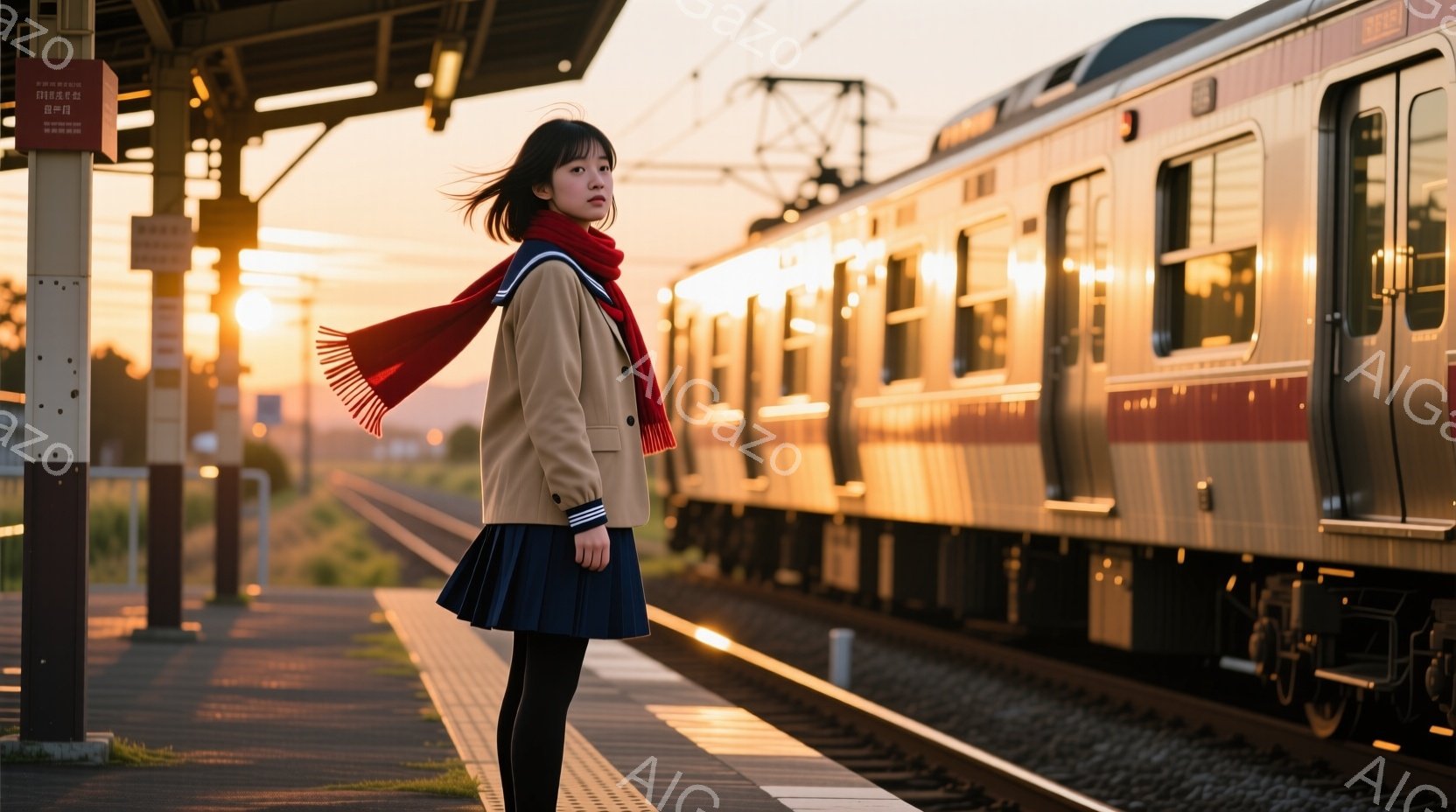 制服を着た女子学生が、鉄道のプラットフォームに立っている。彼女は茶色のジャケット、濃い青のスカート、黒いタイツを着用し、赤いスカーフを首に巻いている。背景には、夕焼けに照らされた鉄道と草原が広がり、温かくノスタルジックな雰囲気を醸し出している。