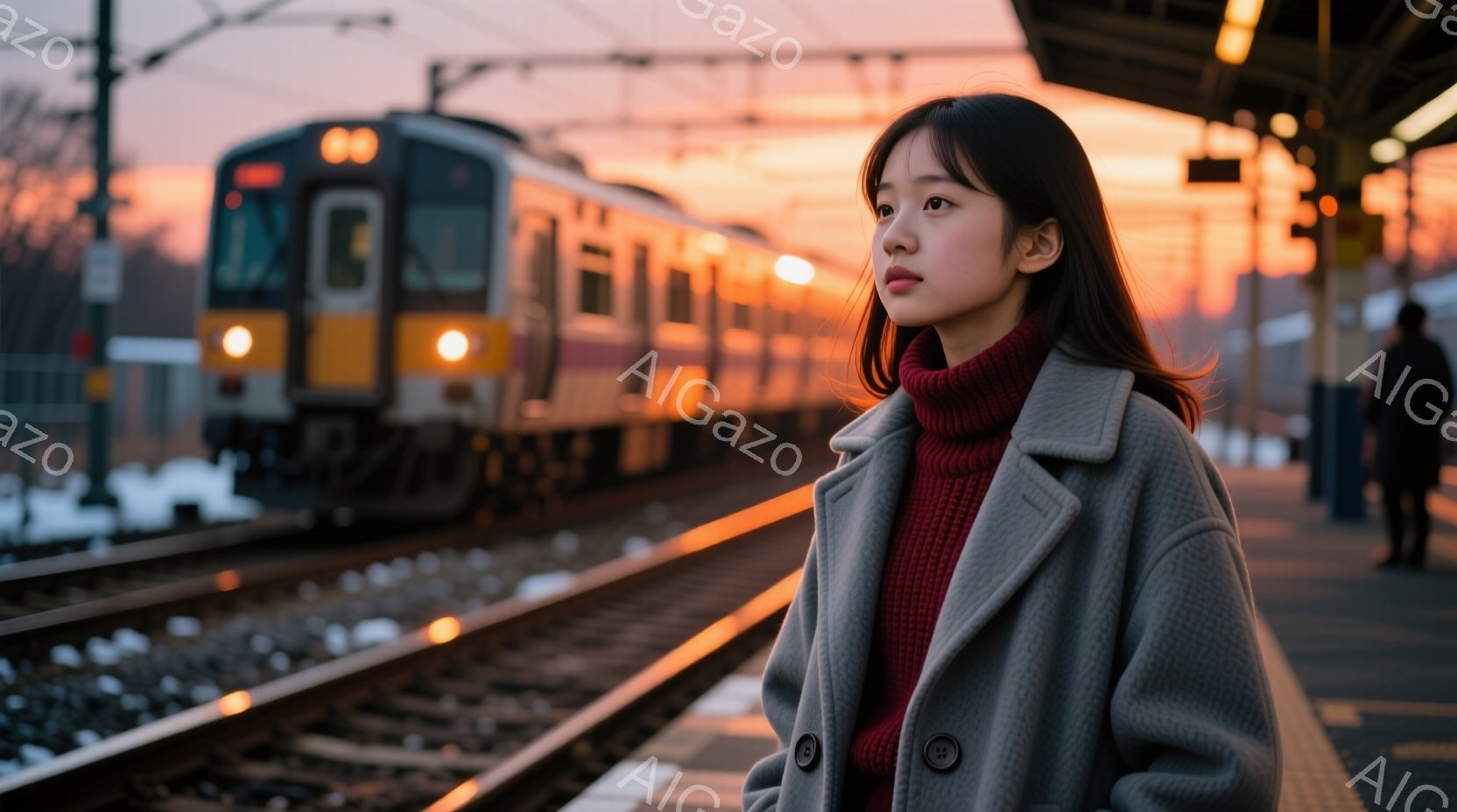 長い黒髪を下ろした若い女性が、グレーのコートと赤いタートルネックセーターを着て、線路のそばのプラットフォームに立っている。彼女は少し物憂げな表情で遠くを見つめ、考え込んでいるようだ。背景には、夕焼けに - AI生成フリー素材