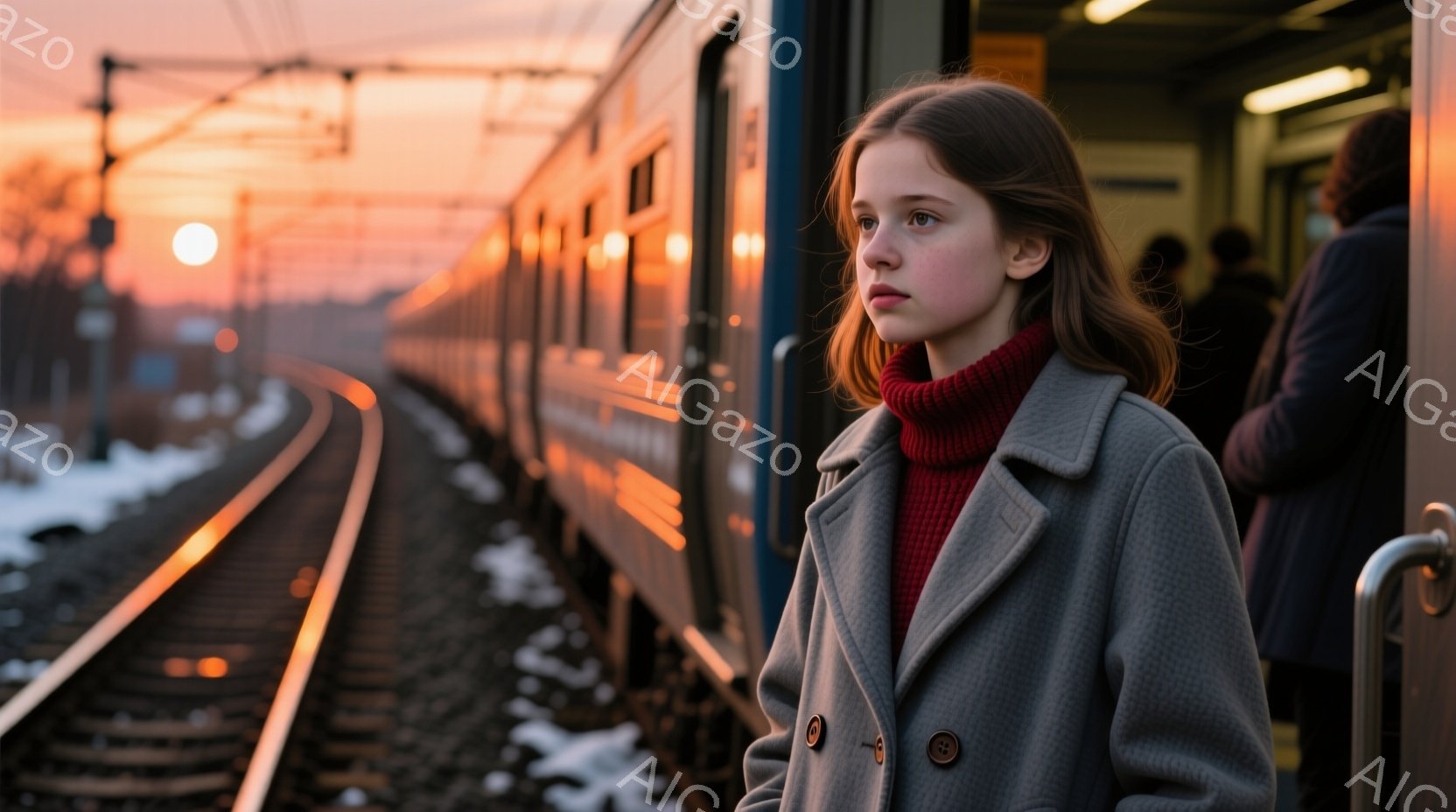 少女は、赤いセーターとグレーのコートを着て、電車のドア付近に立っている。彼女は横顔で、憂いを帯びた表情で遠くを見つめている。背景には、雪景色が広がり、夕焼け空が広がっており、全体的に寂しげで物憂い雰囲気を醸し出している。