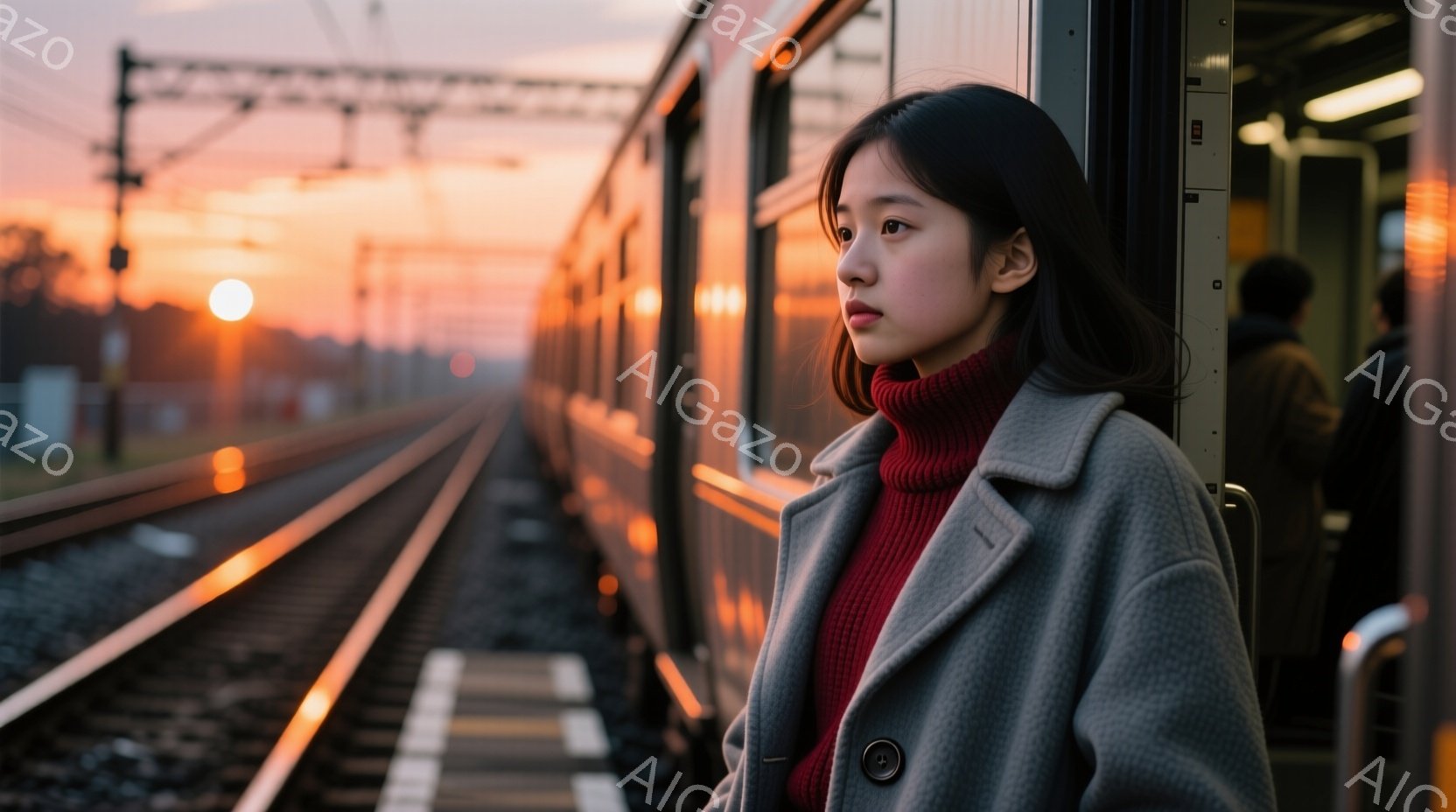 赤いタートルネックセーターにグレーのコートを着た若い女性が、電車の中に立っています。彼女は少し憂いを帯びた表情で、外の風景を眺めており、黒髪は肩のあたりで切り揃えられています。背景には、線路と夕焼け空が見え、暖かく、少し寂しげな雰囲気を醸し出しています。