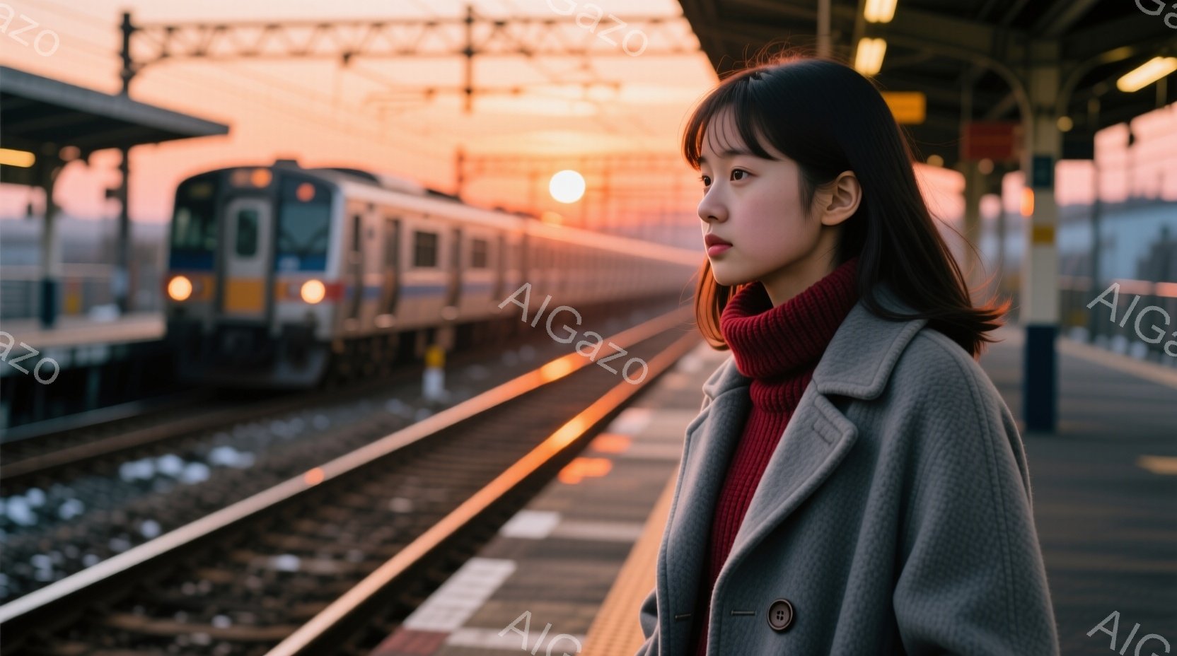 少女は赤いセーターとグレーのコートを着て、プラットフォームに立っている。彼女は少し横を向き、何かを想うような表情をしている。背景には線路と列車、そして夕焼け空が広がり、物静かで少し寂しげな雰囲気を醸し出している。