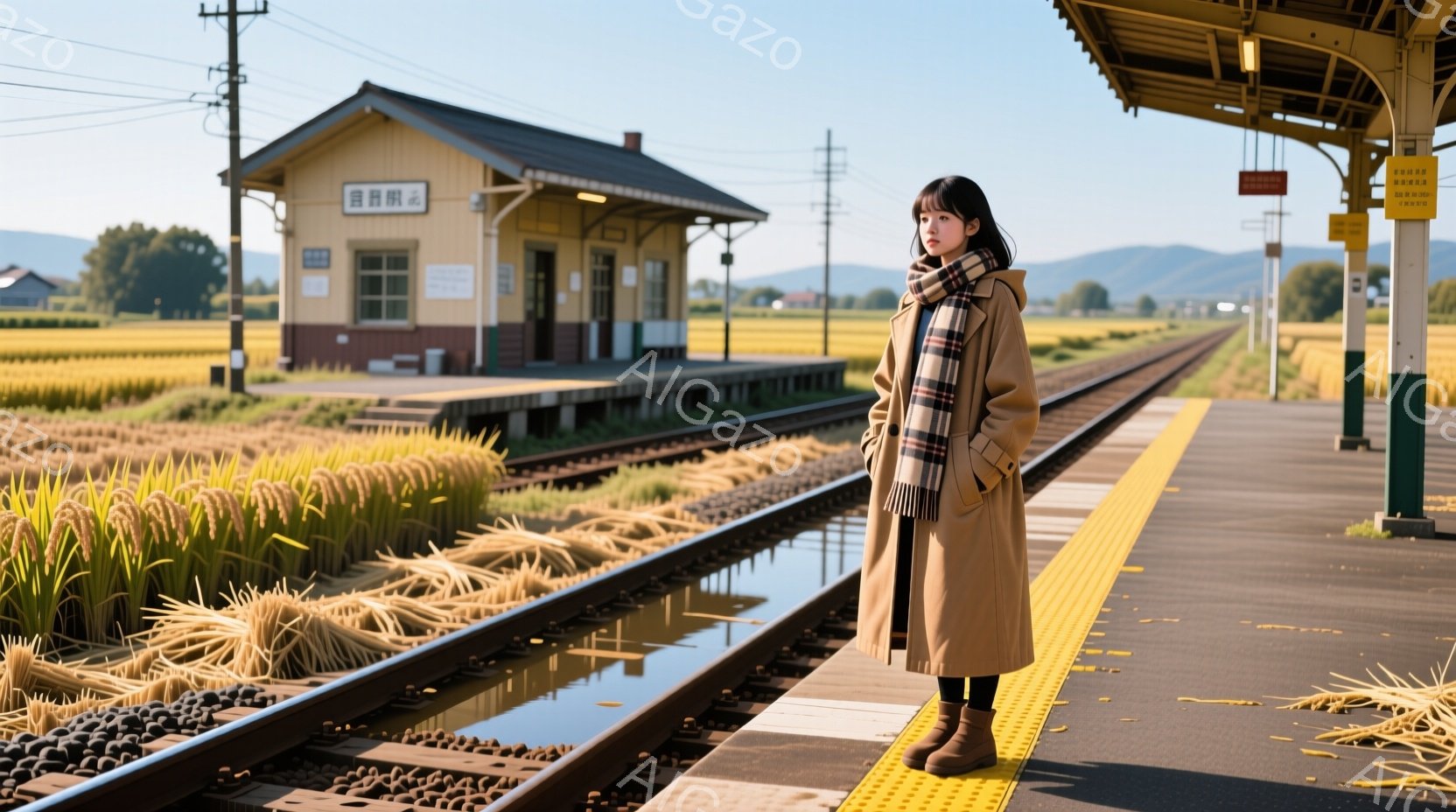 長いベージュ色のコートとブーツを着用した女性が、田舎の駅のホームに立っている。彼女は黒髪で、肩まで伸ばし、落ち着いた表情で遠くを見つめている。背景には黄金色の稲穂が広がる田園風景と、古びた木造の駅舎が見え、秋の穏やかな雰囲気を醸し出している。