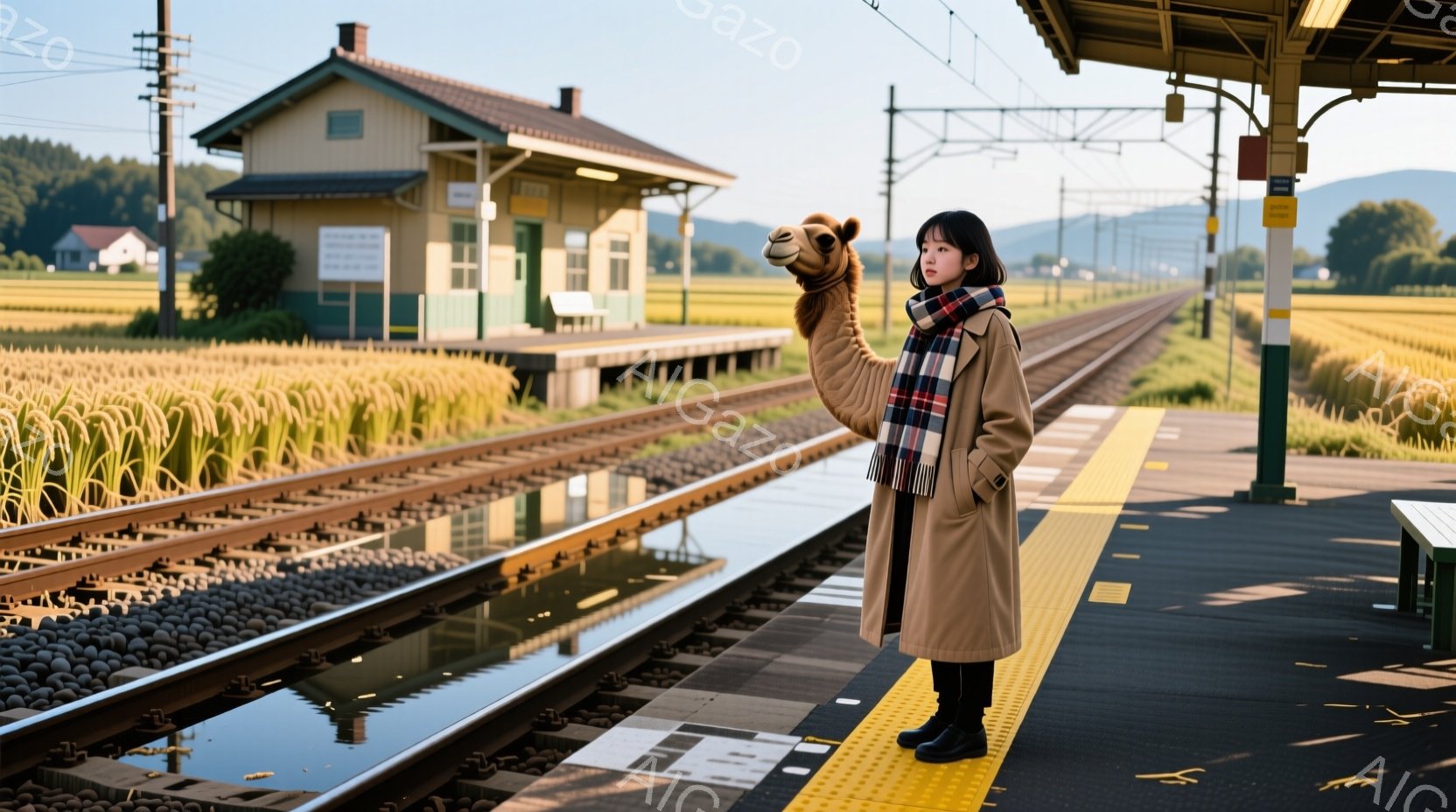 長いキャメル色のコートとチェック柄のマフラーを身につけた女性が、田園風景の中に佇む駅のホームに立っている。彼女は黒いブーツを履き、少し微笑んだ表情で遠くを見つめている。背景には木造の駅舎と黄金色に輝く稲穂が広がり、穏やかでノスタルジックな雰囲気を醸し出している。