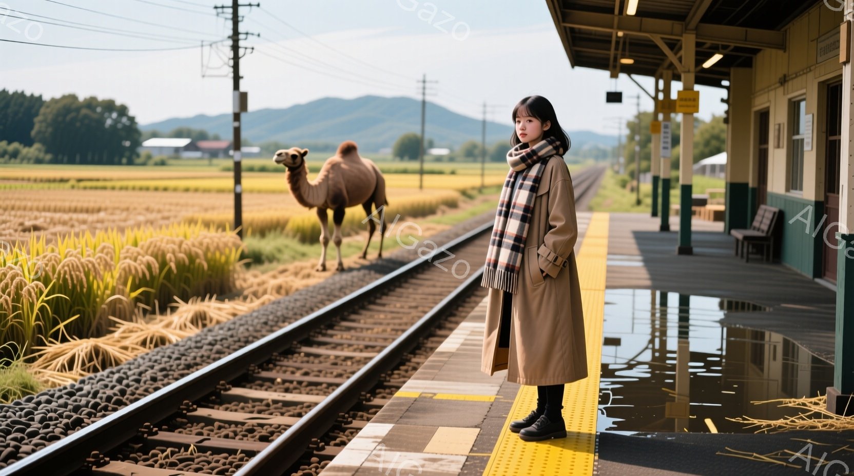 長いベージュ色のトレンチコートに、チェック柄のストールを巻いた女性が、鉄道のプラットフォームに立っている。彼女は黒いブーツを履き、少し憂いを含んだ表情で、線路の向こうにいるラクダを見つめている。背景には黄金色の稲穂が広がる田園風景と、遠くの山々が見え、雨上がりのプラットフォームに水溜りができ、独特の寂しげな雰囲気を醸し出している。