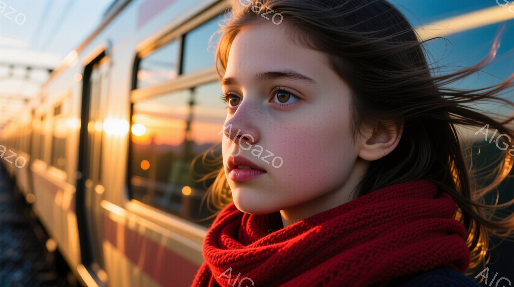 赤い編み物のマフラーを巻いた少女が、窓の外を見つめている。彼女はそばかすがあり、髪が風になびき、思慮深い表情をしている。背景には、夕焼けのような暖かい光が差し込む列車の窓と、ぼやけた景色が見える。