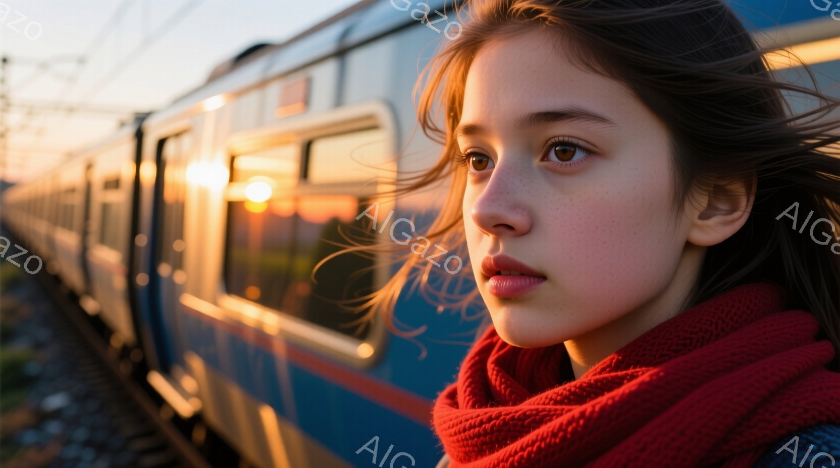若い女性がカメラを見つめ、頬にはそばかすが散らばっている。彼女は赤いニットのショールを首に巻き、風になびく髪が印象的だ。背景には青い列車が走り、夕日のような暖かい光が差し込んでいる。