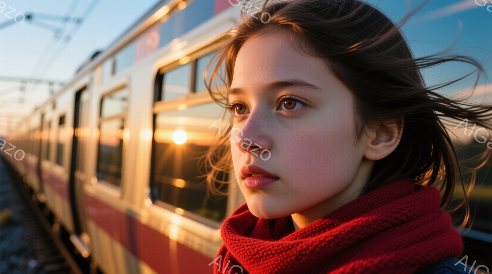 赤いニットのネックウォーマーを巻いた少女が、強い風に吹かれながら遠くを見つめている。彼女はそばかすがあり、茶色の髪が風で舞っている。背景には、窓のある列車と、夕焼けのような暖かい光が広がっており、どこか物憂げでノスタルジックな雰囲気を醸し出している。