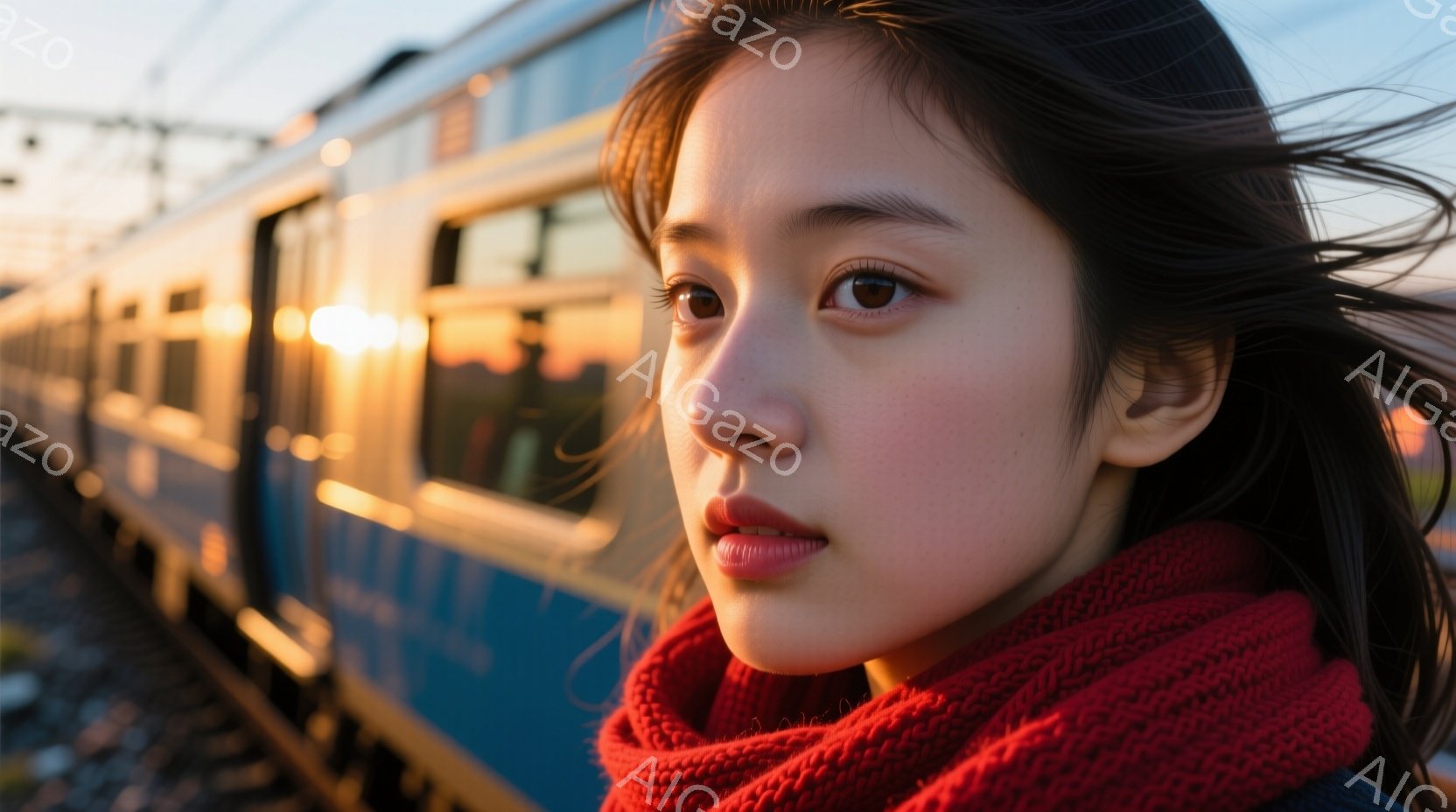 若い女性が写っており、赤い編み物のマフラーを首に巻いています。彼女は少し横を向き、穏やかで物憂げな表情をしています。背景には青い電車が走り、夕焼けのような暖かい光が差し込み、どこか懐かしい雰囲気を作り出しています。