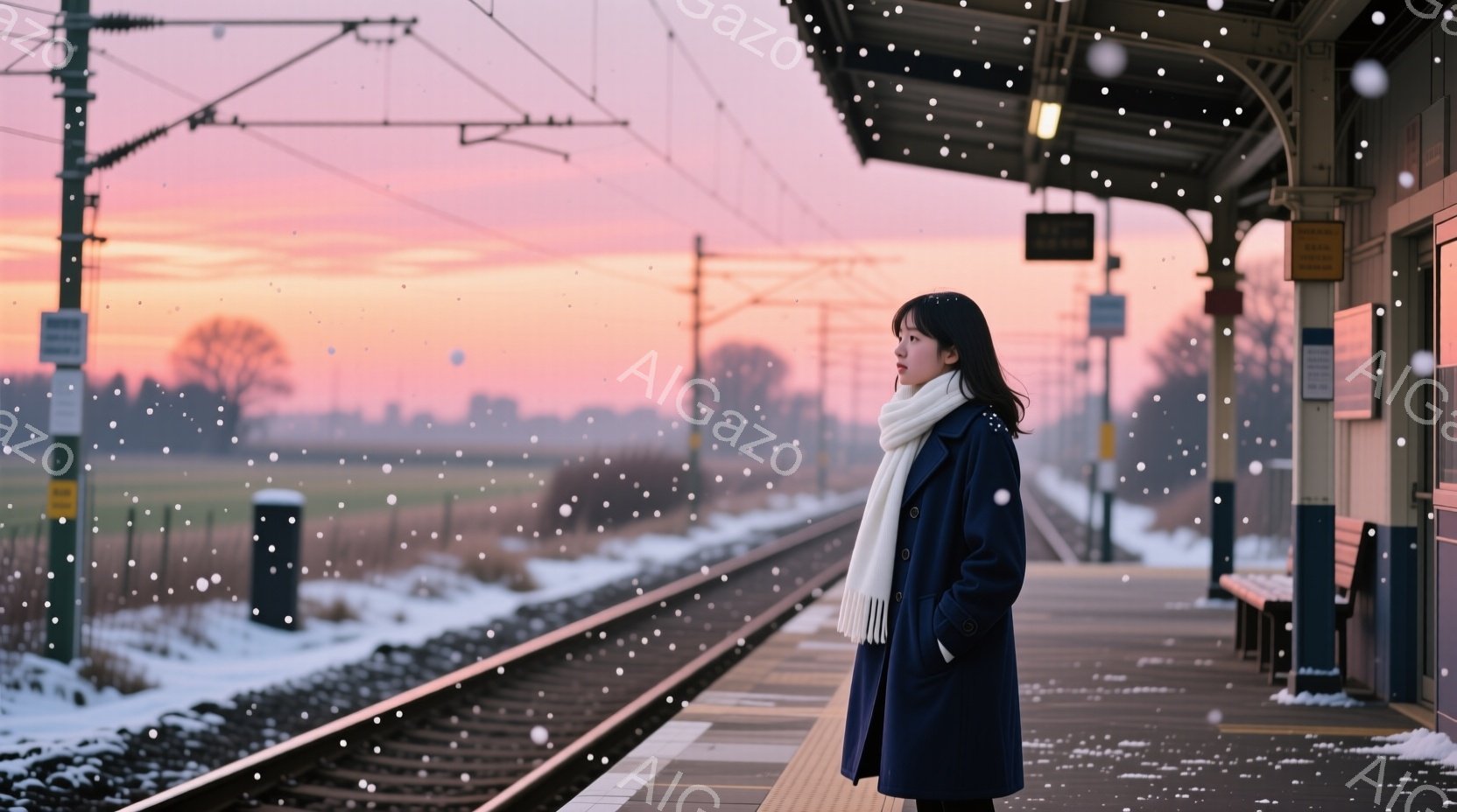 長い紺色のコートを着た女性が、雪が降る列車のプラットフォームに立っている。彼女は白くてふさふさしたスカーフを巻き、髪を後ろでまとめており、少し憂いを帯びた表情で遠くを見つめている。背景には雪に覆われた - AI生成フリー素材