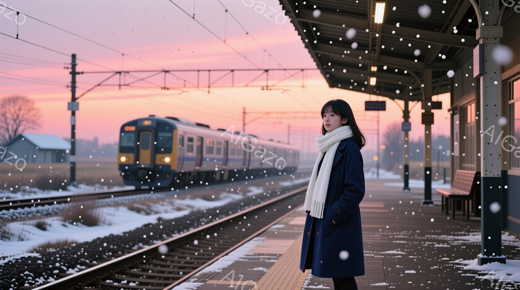 雪が舞う駅のホームに、紺色のコートと白いマフラーを身につけた女性が立っている。彼女は黒髪で、少し憂いを帯びた表情で遠くを見つめている。背景には雪景色が広がり、線路には列車が近づいており、全体的に静かで物憂げな雰囲気が漂っている。