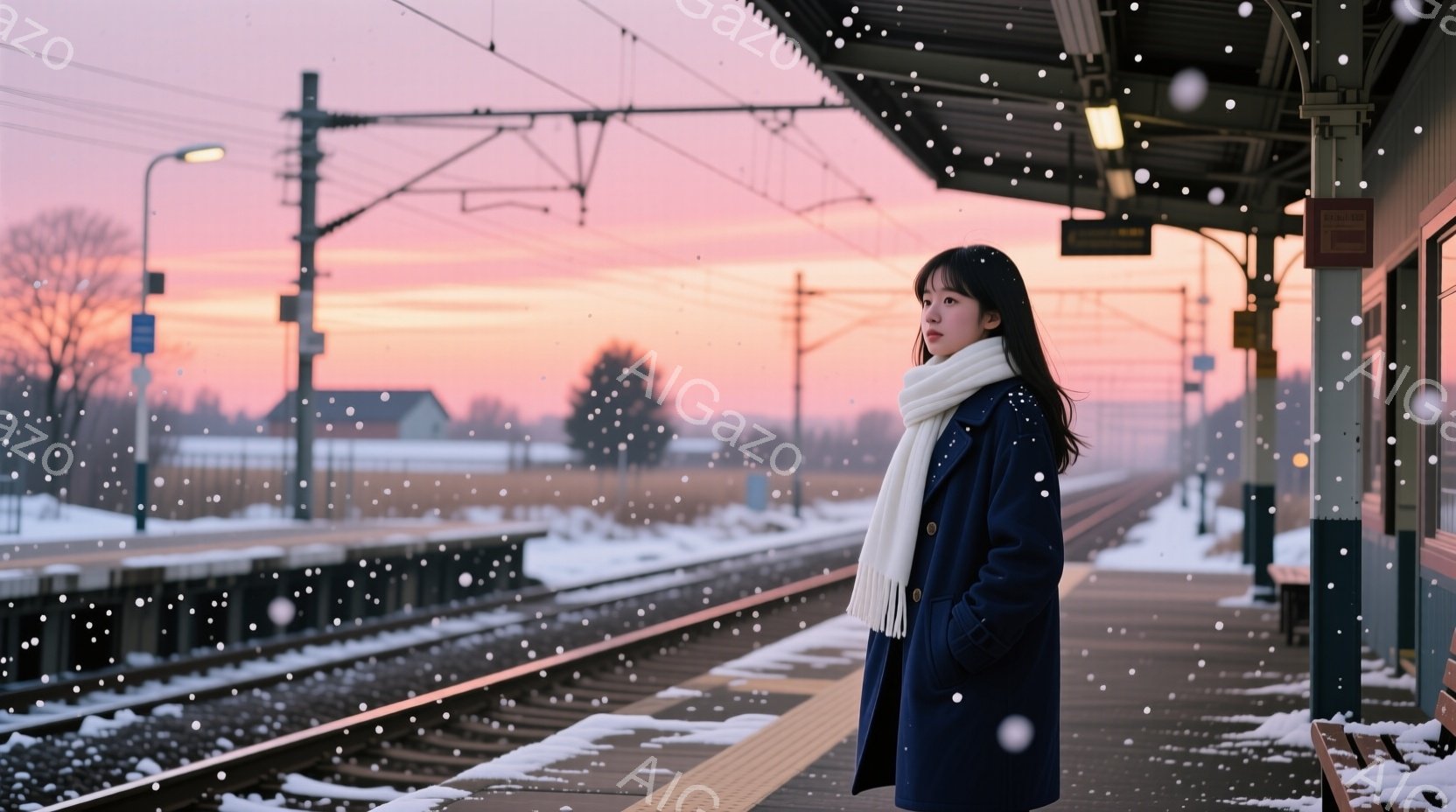 長い黒髪を肩から垂らし、白いマフラーを巻いた女性が、雪に覆われた駅のホームに立っている。濃い青色のコートを着ており、少し物憂げな表情で遠くを見つめている。背景には雪景色が広がり、オレンジとピンクが混ざった夕焼け空が、静かで寂しげな雰囲気を醸し出している。