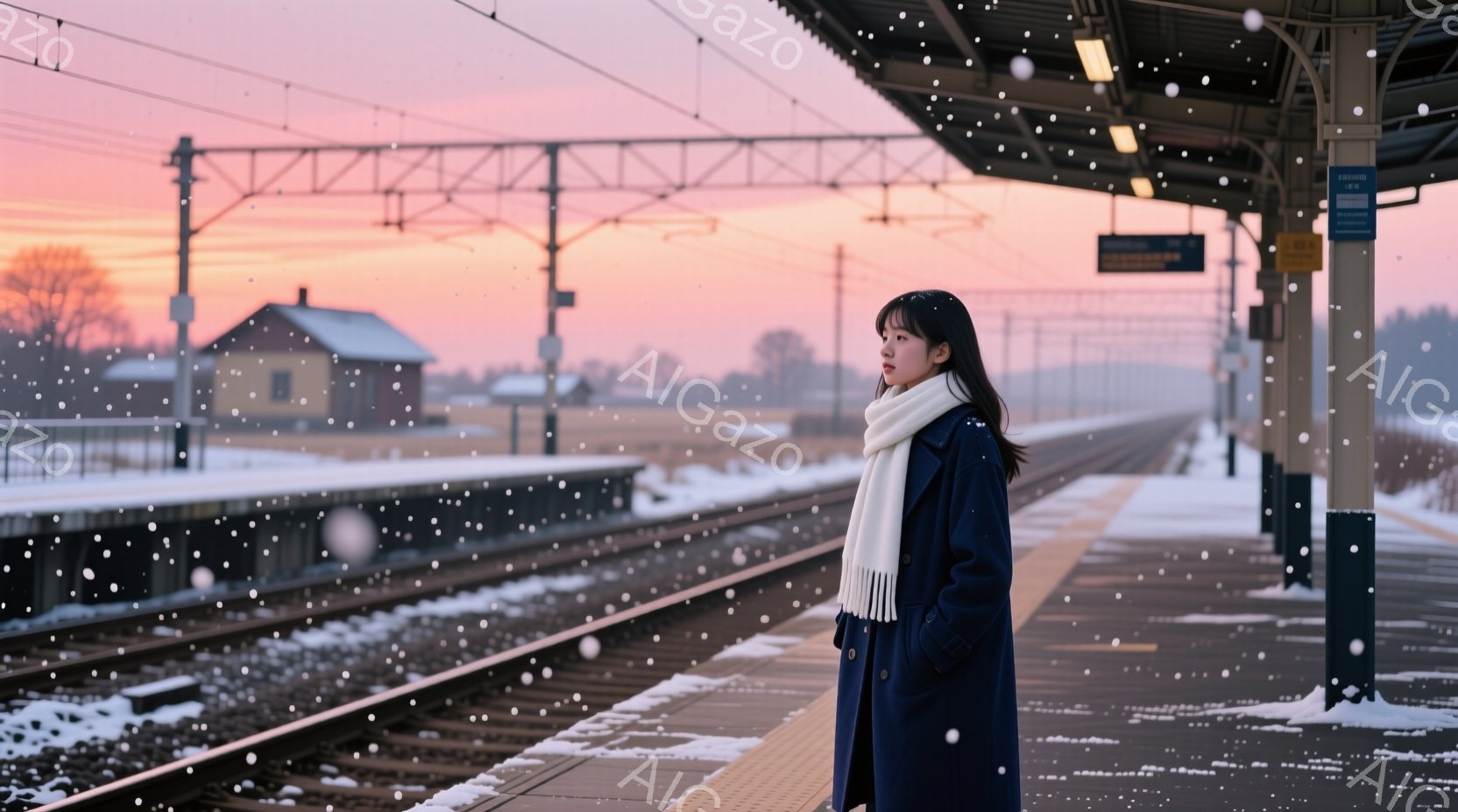 白い雪が舞うプラットフォームに、紺色のコートと白いマフラーを巻いた女性が立っている。彼女は横を向き、どこか物憂げな表情で遠くを見つめている。背景には雪を頂いた建物と線路が広がり、夕焼けのようなオレンジ色の空が幻想的な雰囲気を醸し出している。