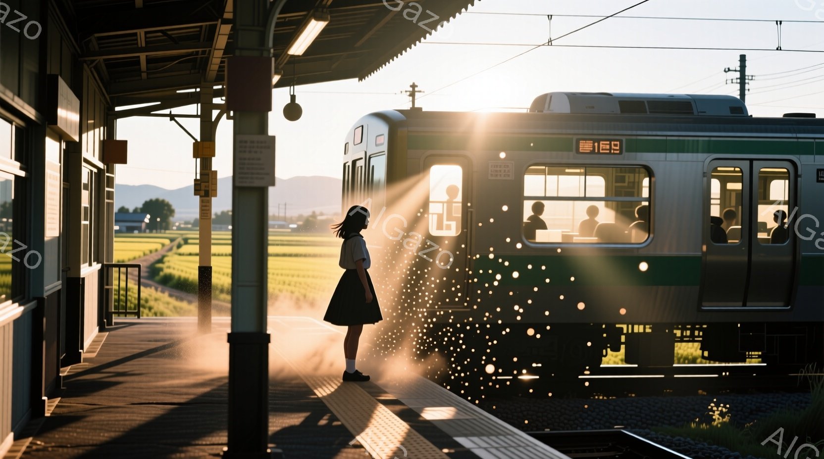 一人の少女が駅のホームに立っており、黒いワンピースと白いブラウスを着ています。彼女は長い髪を後ろで束ね、鉄道車両の光に向かって、わずかに後ろを振り返るように立っています。背景には緑の田園風景が広がり、朝日に照らされたホームは暖かく、どこか懐かしい雰囲気です。