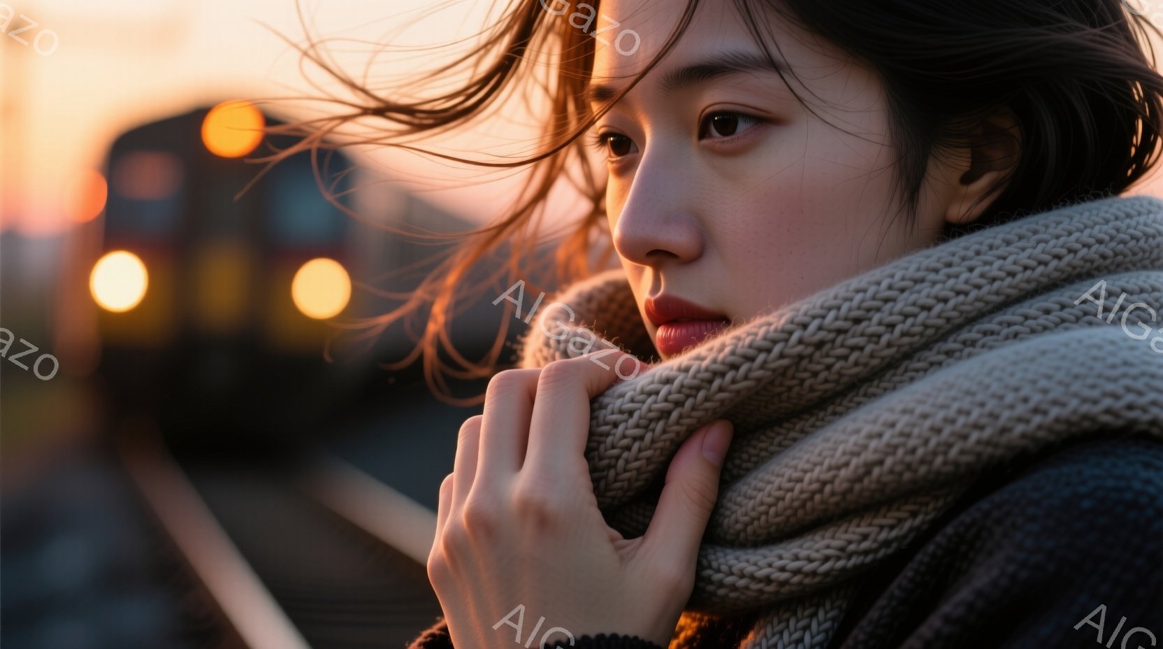 長い髪を風になびかせ、ベージュの編み込みスカーフを体に巻き付けている女性が写っています。彼女は少し憂いを帯びた表情で、遠くを見つめており、その視線はどこか物憂げです。背景には線路と、夕焼けの光に照らさ - AI生成フリー素材